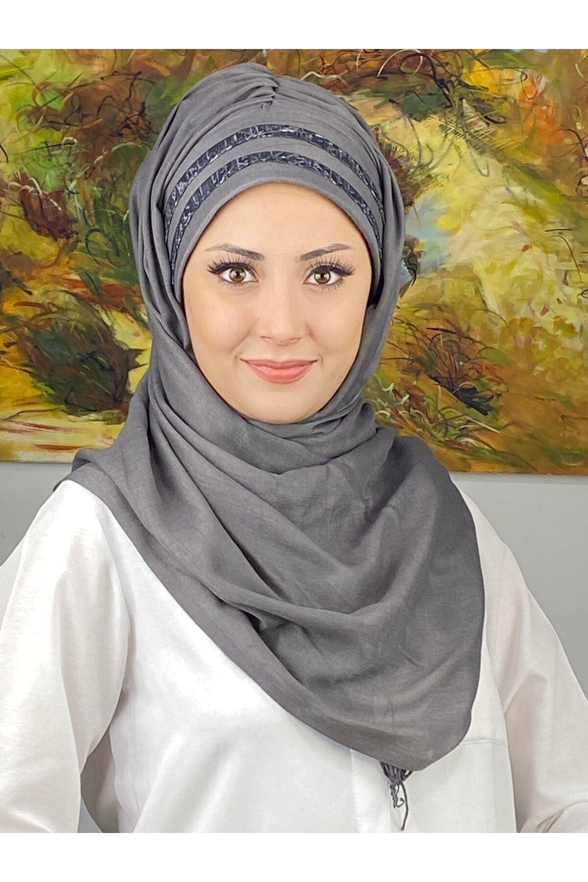 Topkapı Model Gri Soyut Desenli Şeritli Koyu Gri Hazır Şal