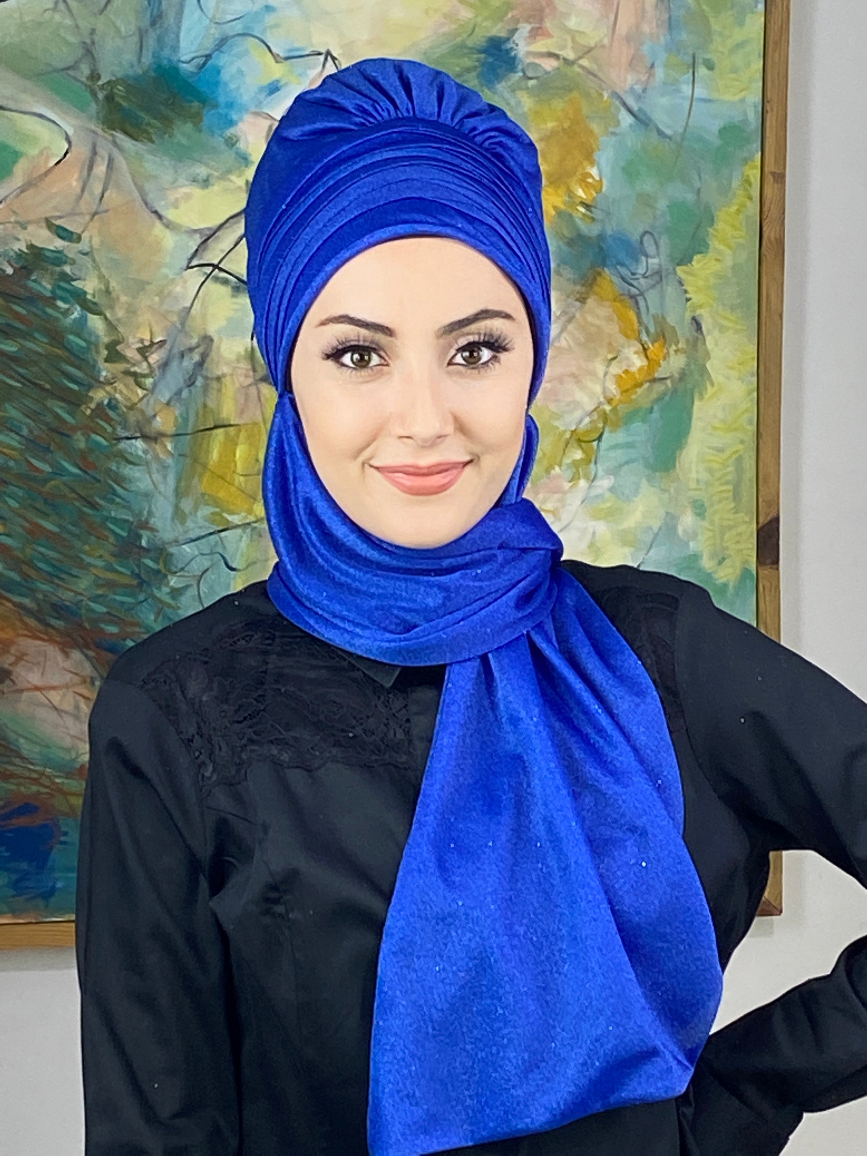 Simli Atkılı Bone şal  - saks mavisi
