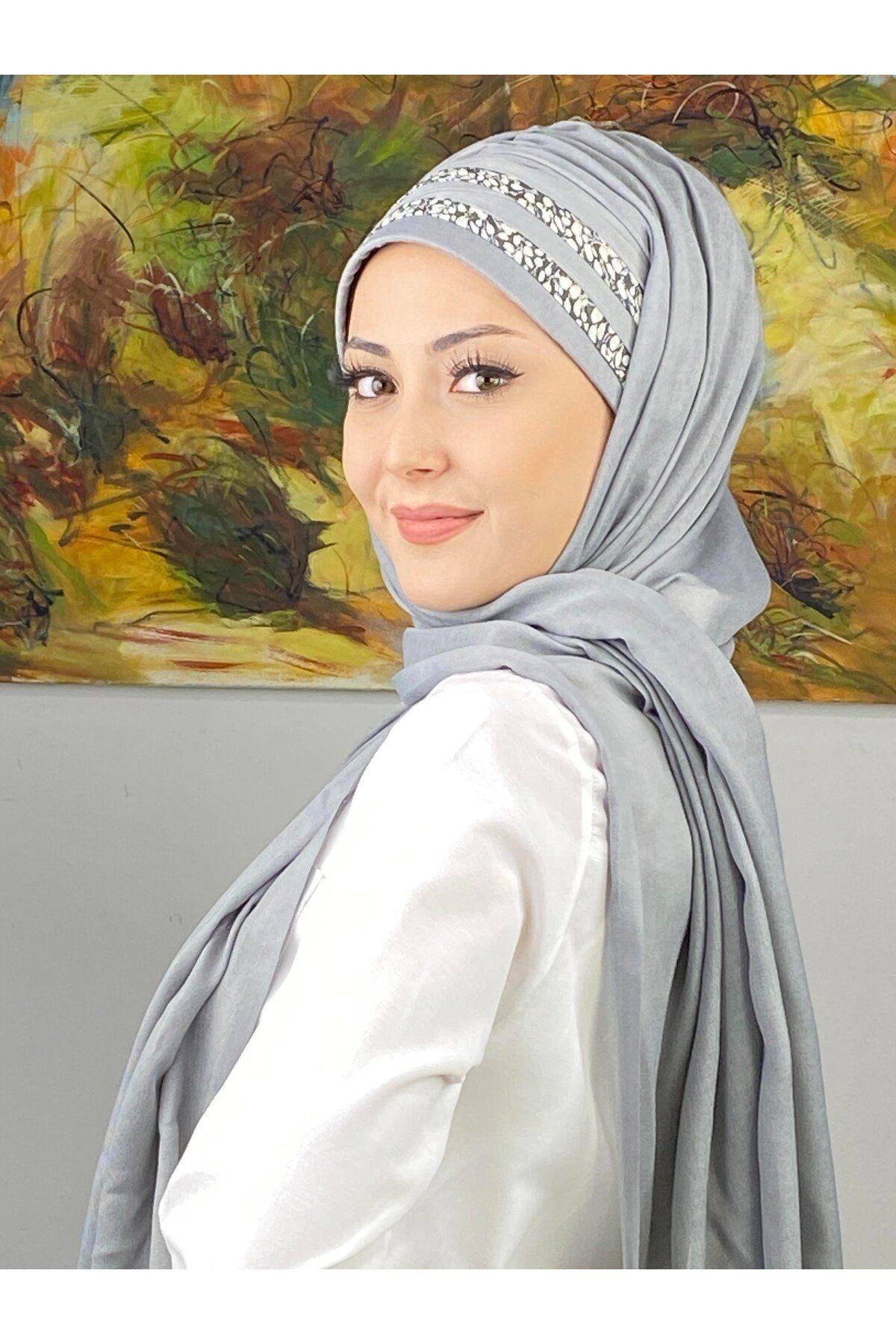 Topkapı Model Minik Çiçekli Desenli Şeritli Açık Gri Hazır Şal