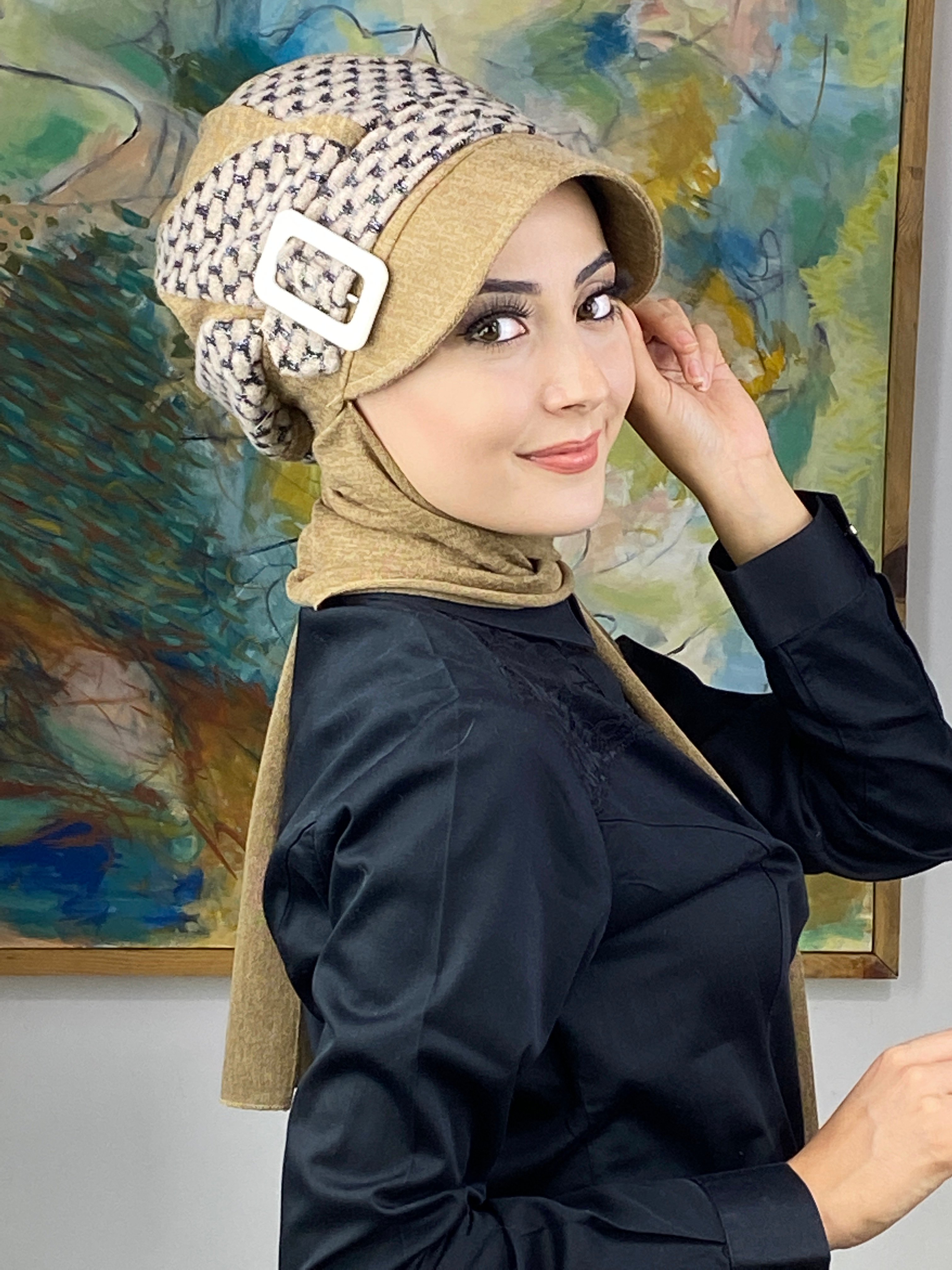 Damla Modell Haroşa Örgü Desenli Tesettür Şapka Şal - açık sütlü kahve_