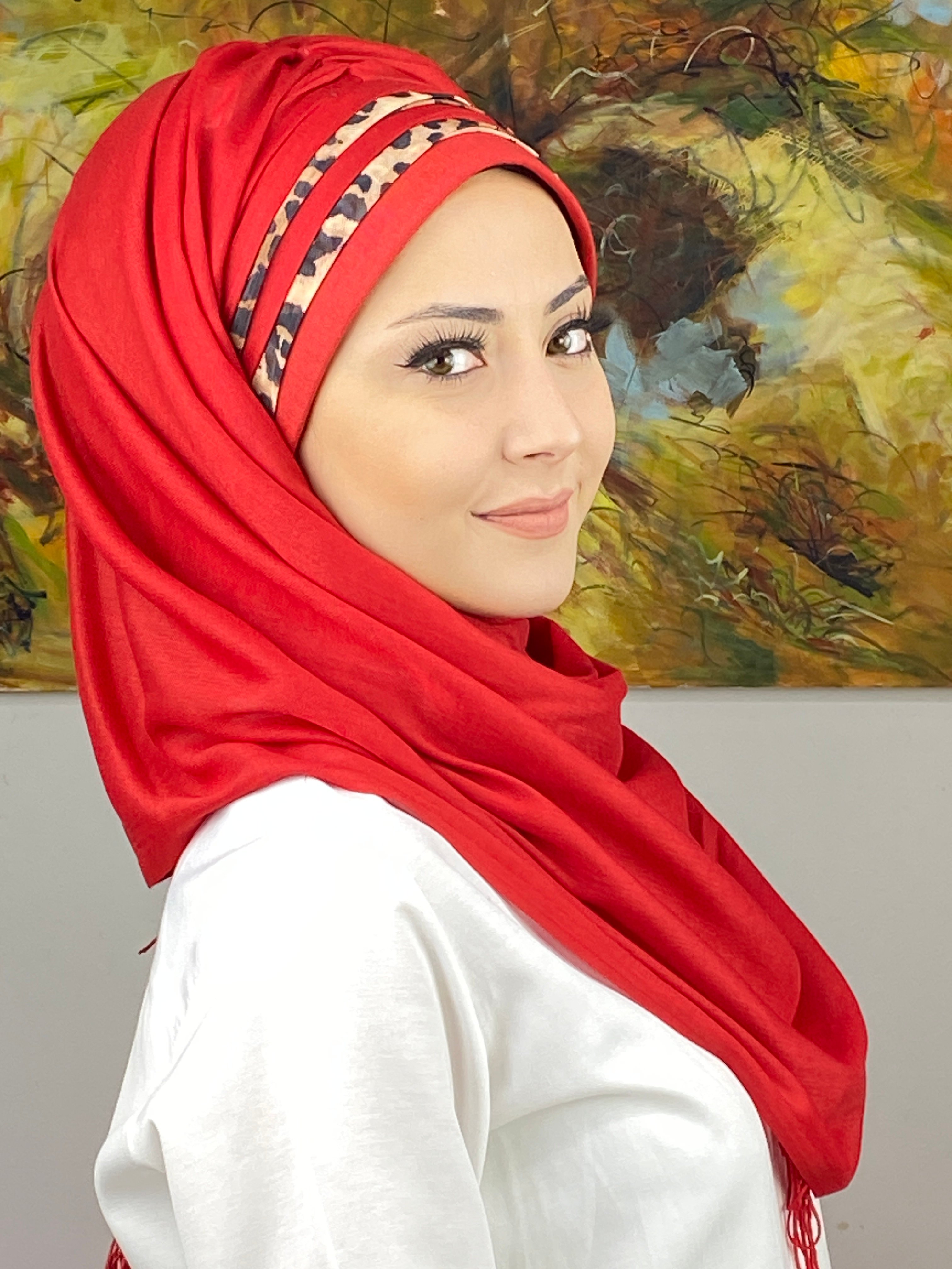 Topkapı Model Leopar Şerit Desenli Kırmızı Hazır Şal