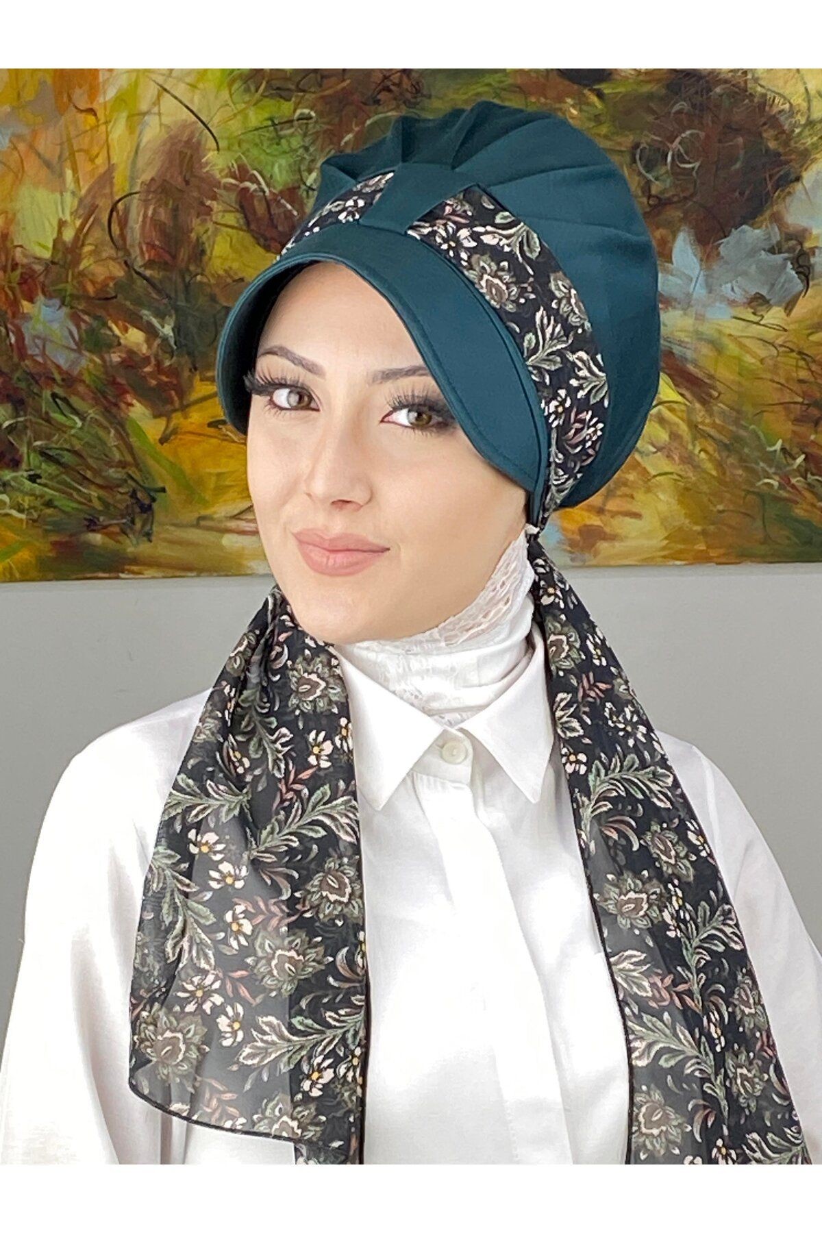 Floral Desenli Tek Biritli Fularlı Şapka