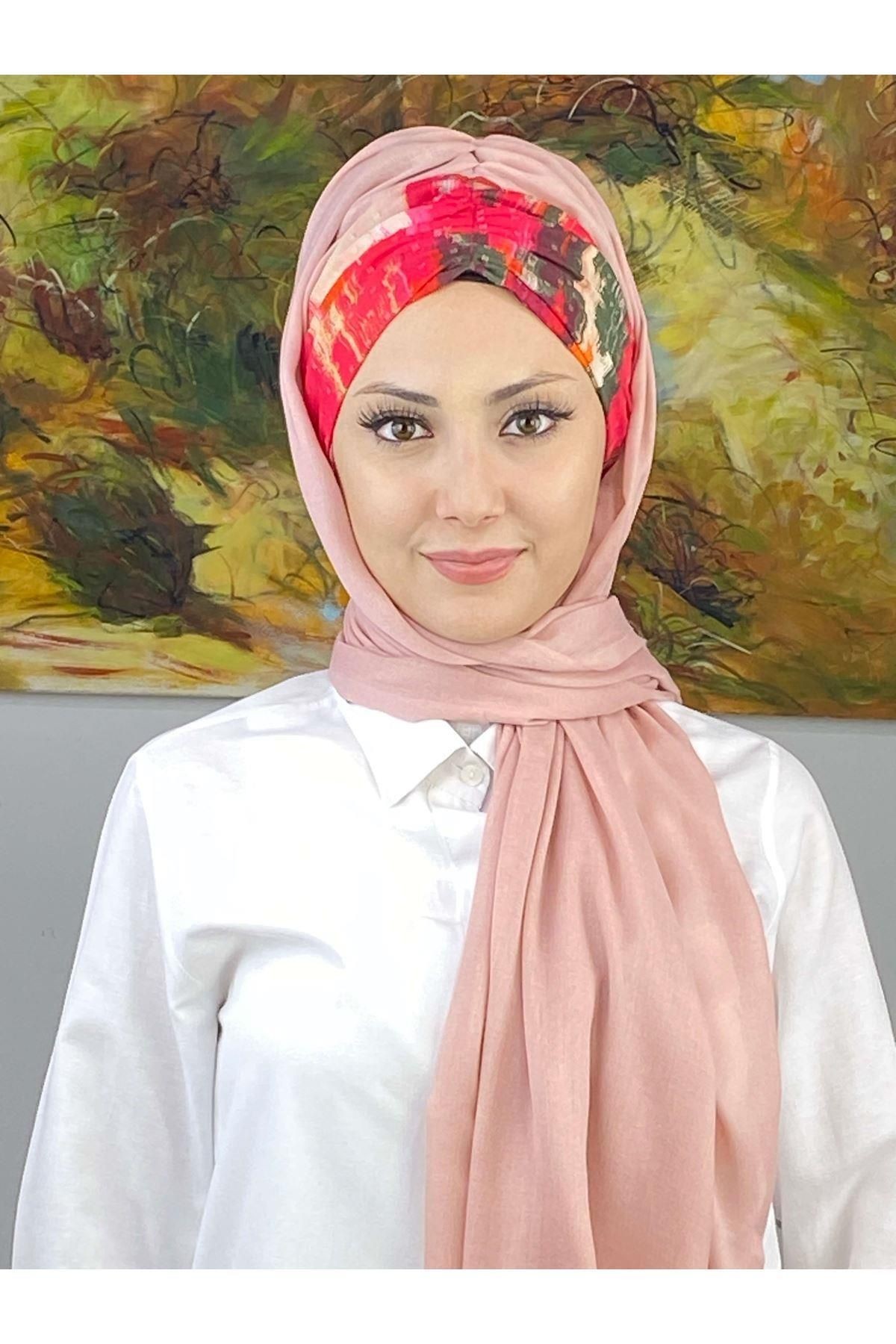 Çok Renkli Retro Desenli Açık Gül Kurusu Büzgülü Hazır Şal