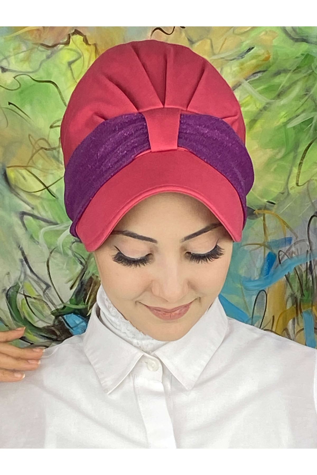 Cırtcırtlı Koyu Mor Şifon Fularlı Şapka