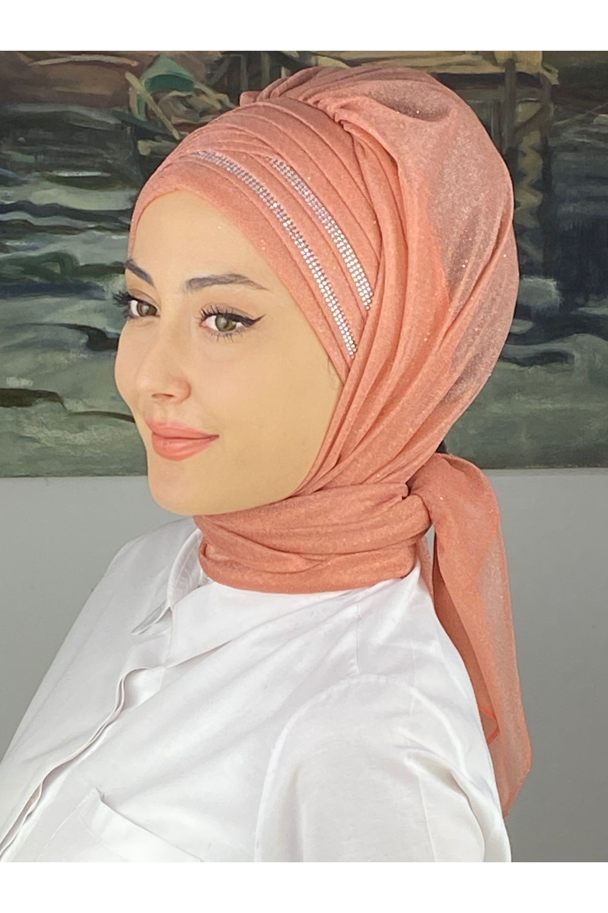 Gümüş Taşlı Drape Detaylı Simli Şal