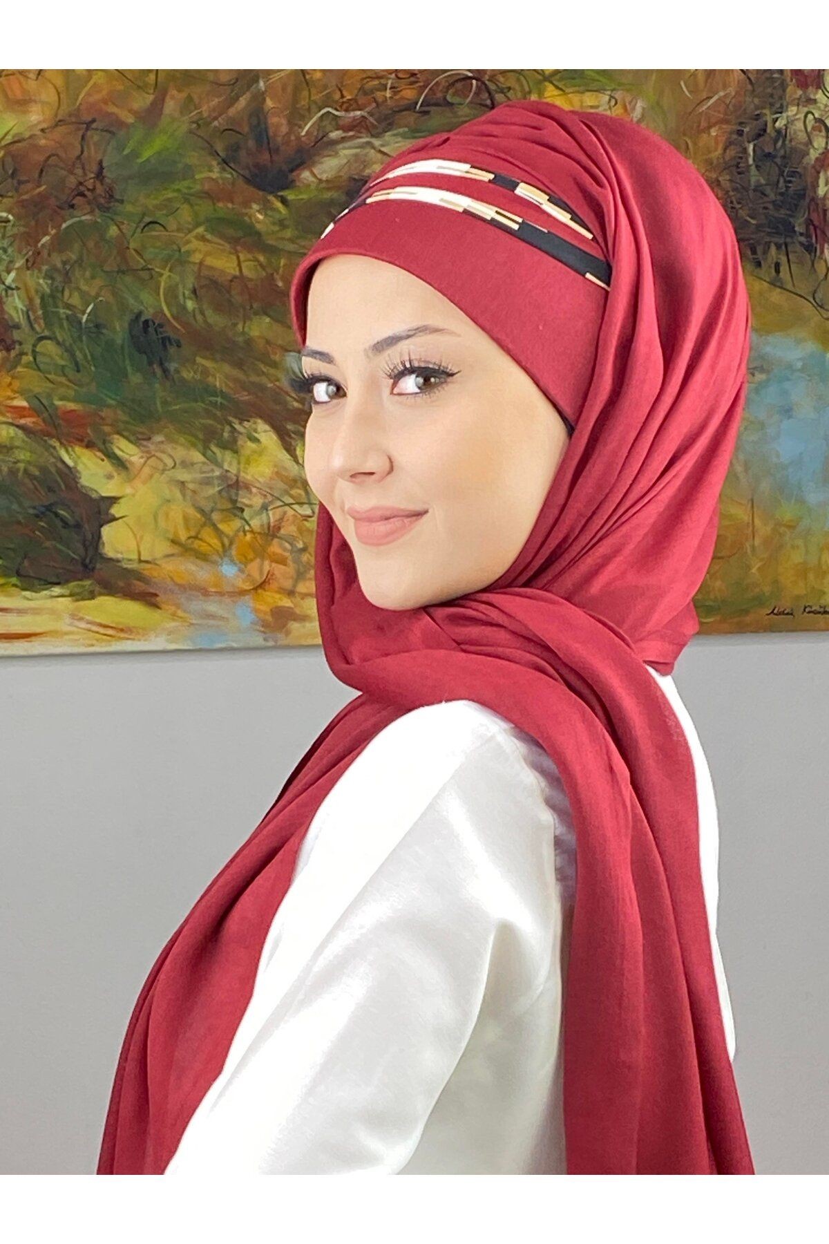 Saray Model Retro Desenli Bordo Hazır Şal