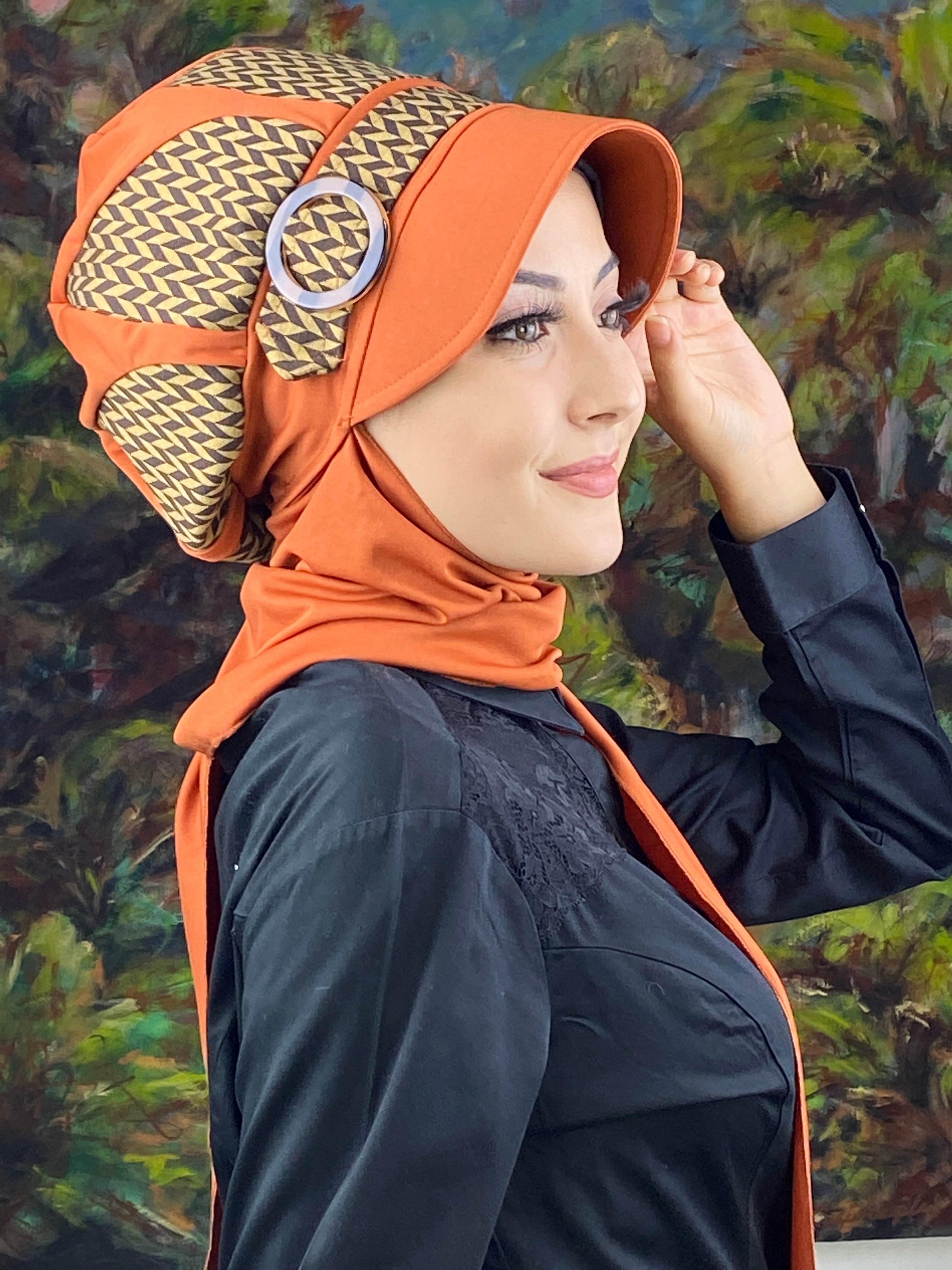 Damlo Model Başak Desenli Tesettür Şapka Şal