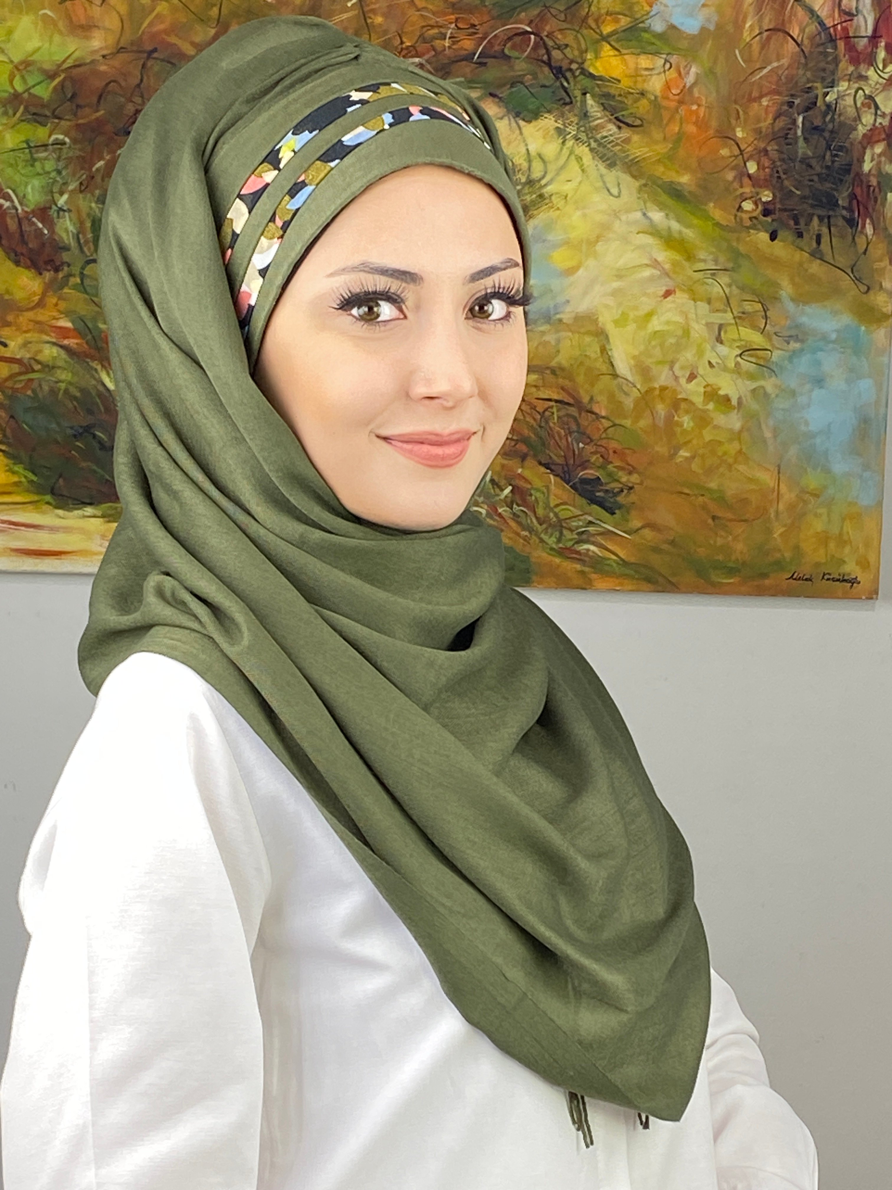 Saray Model Yeşil Çiçek Şeritli Yağ Yeşili Hazır Şal