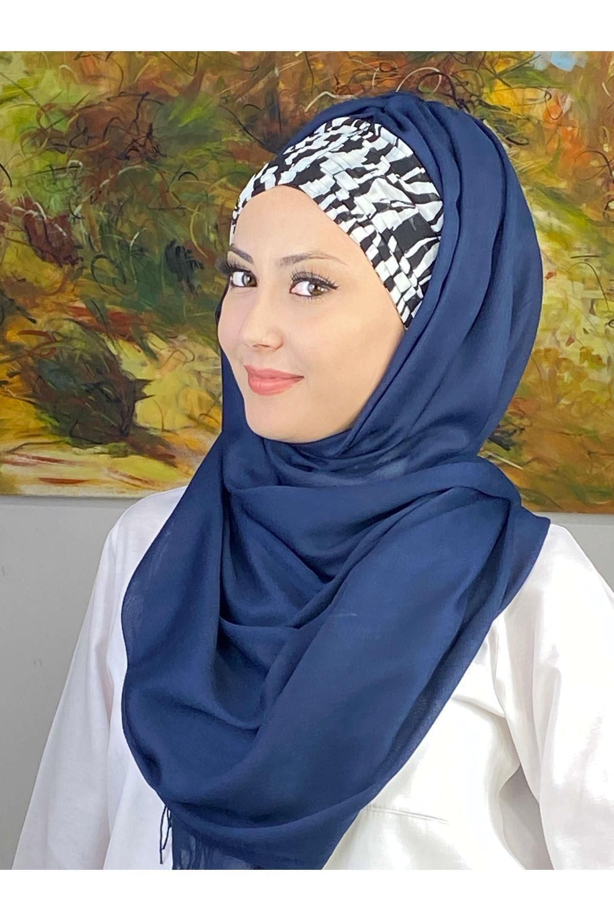 Zebra Desenli Lacivert Büzgülü Hazır Şal