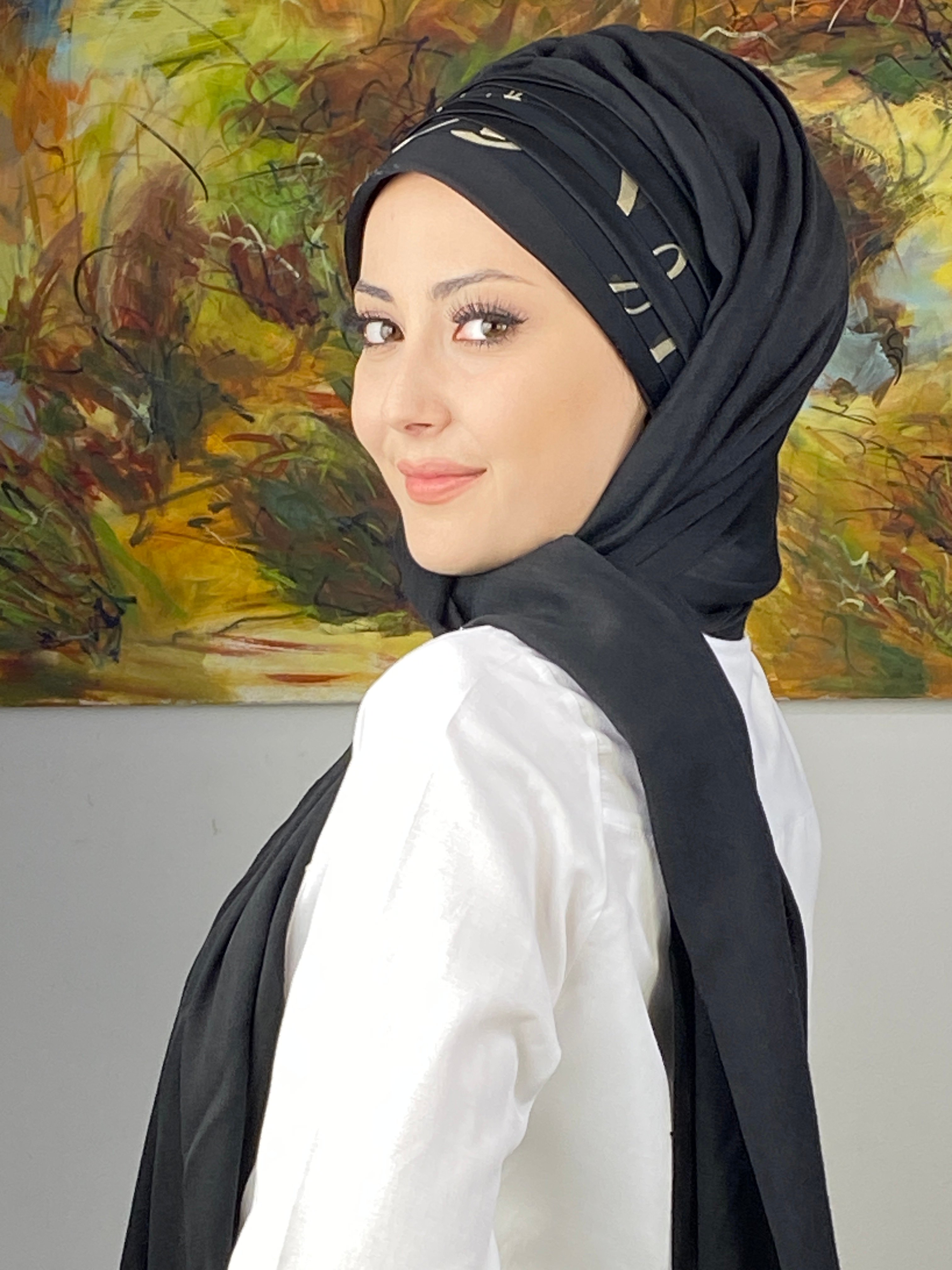  Topkapı Model Çapraz Drapeli Siyah Şeritli Desen Hazır Şal