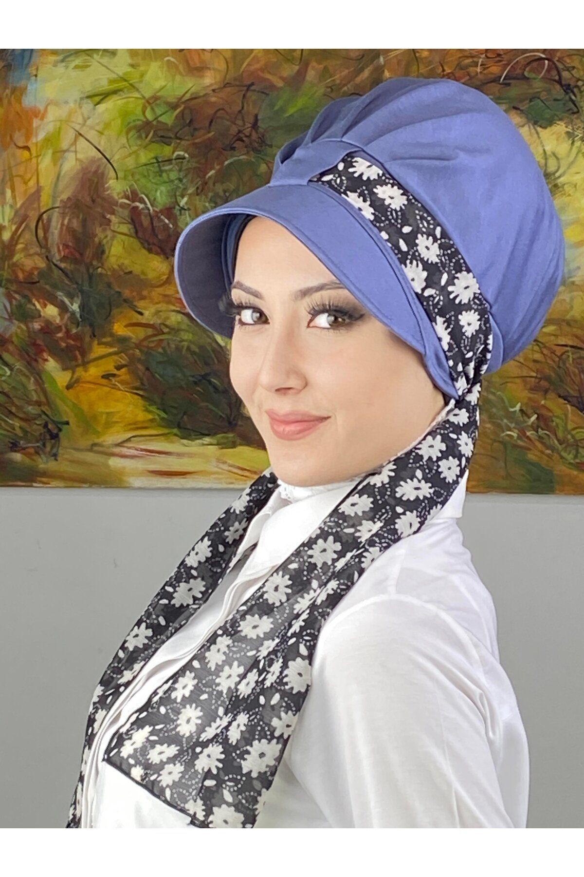 Floral Desenli Tek Biritli Fularlı Şapka