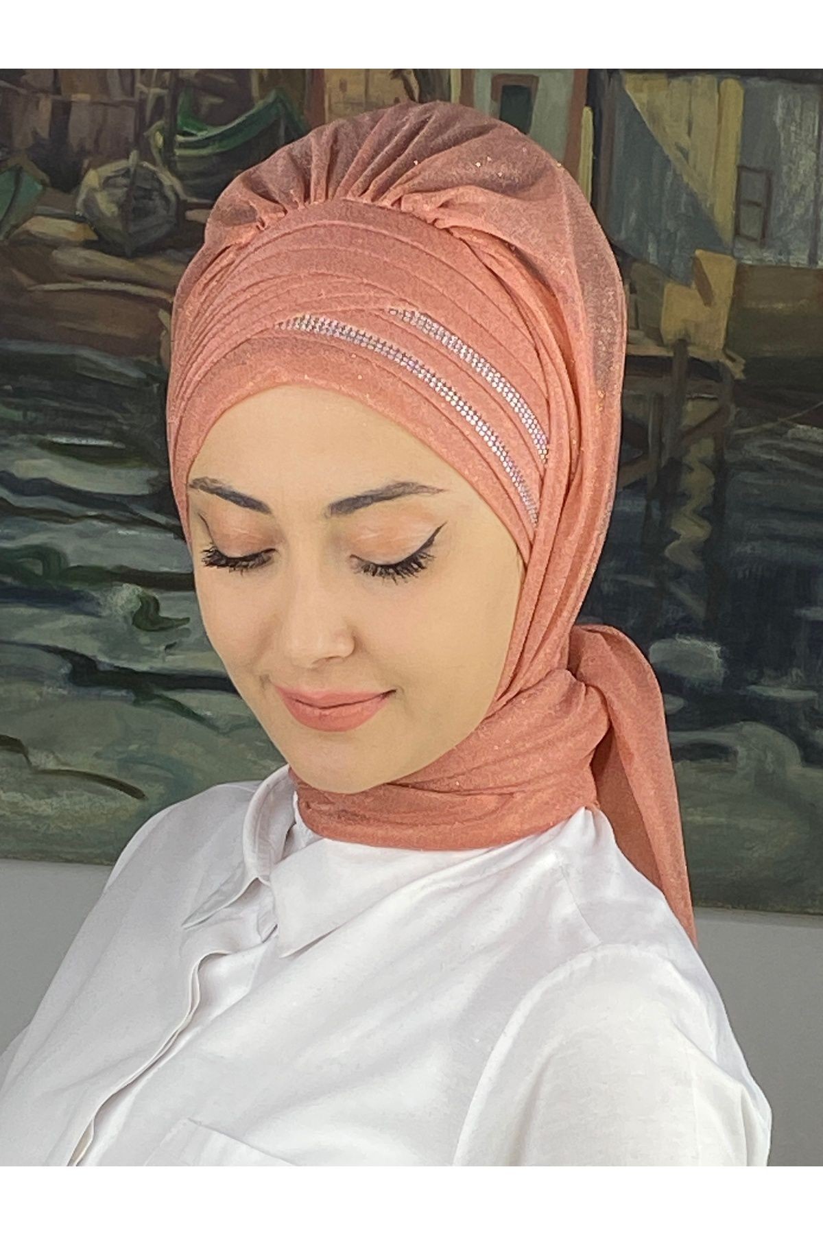 Gümüş Taşlı Drape Detaylı Simli Şal