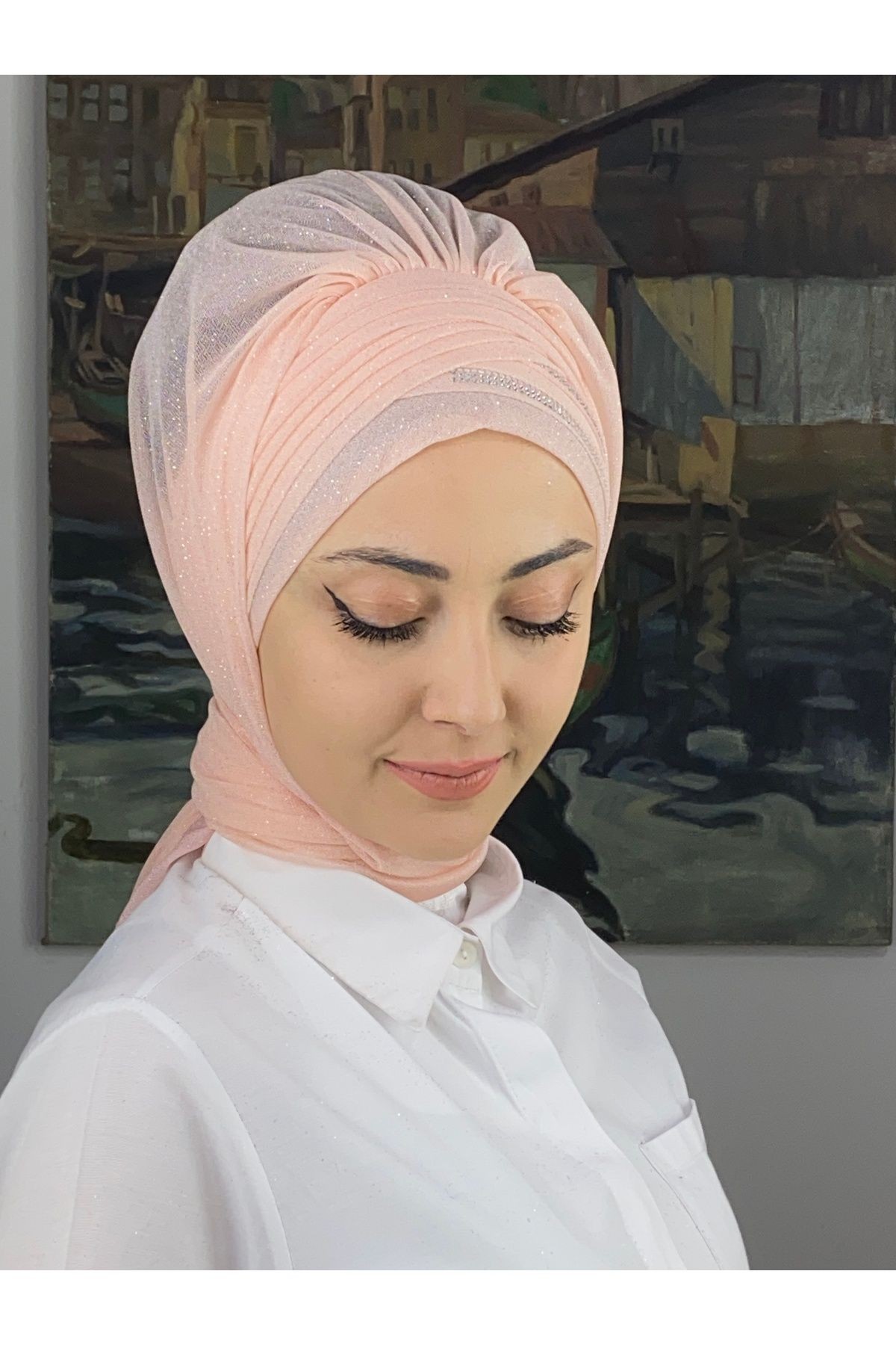 Gümüş Taşlı Drape Detaylı Simli Şal