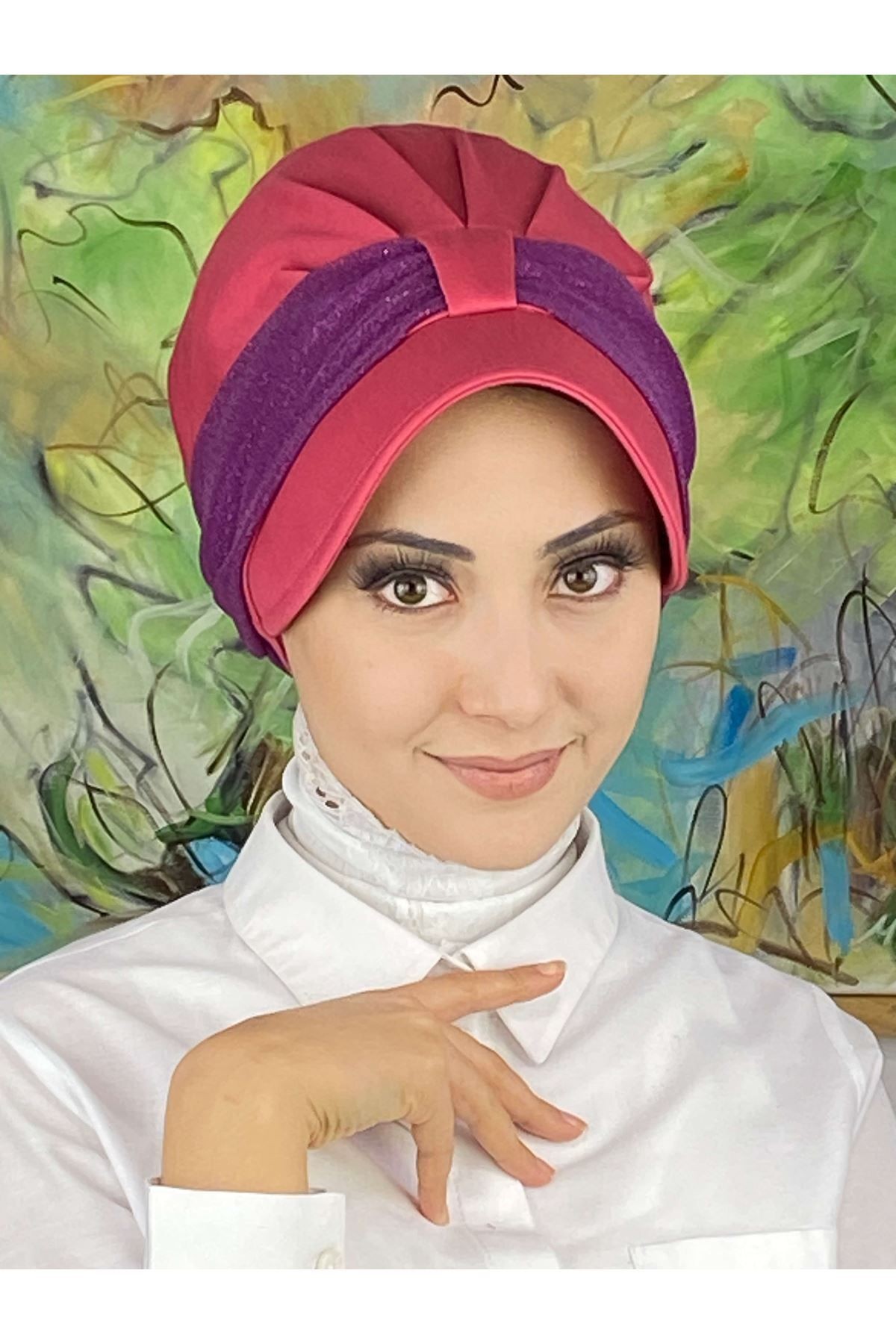 Cırtcırtlı Koyu Mor Şifon Fularlı Şapka