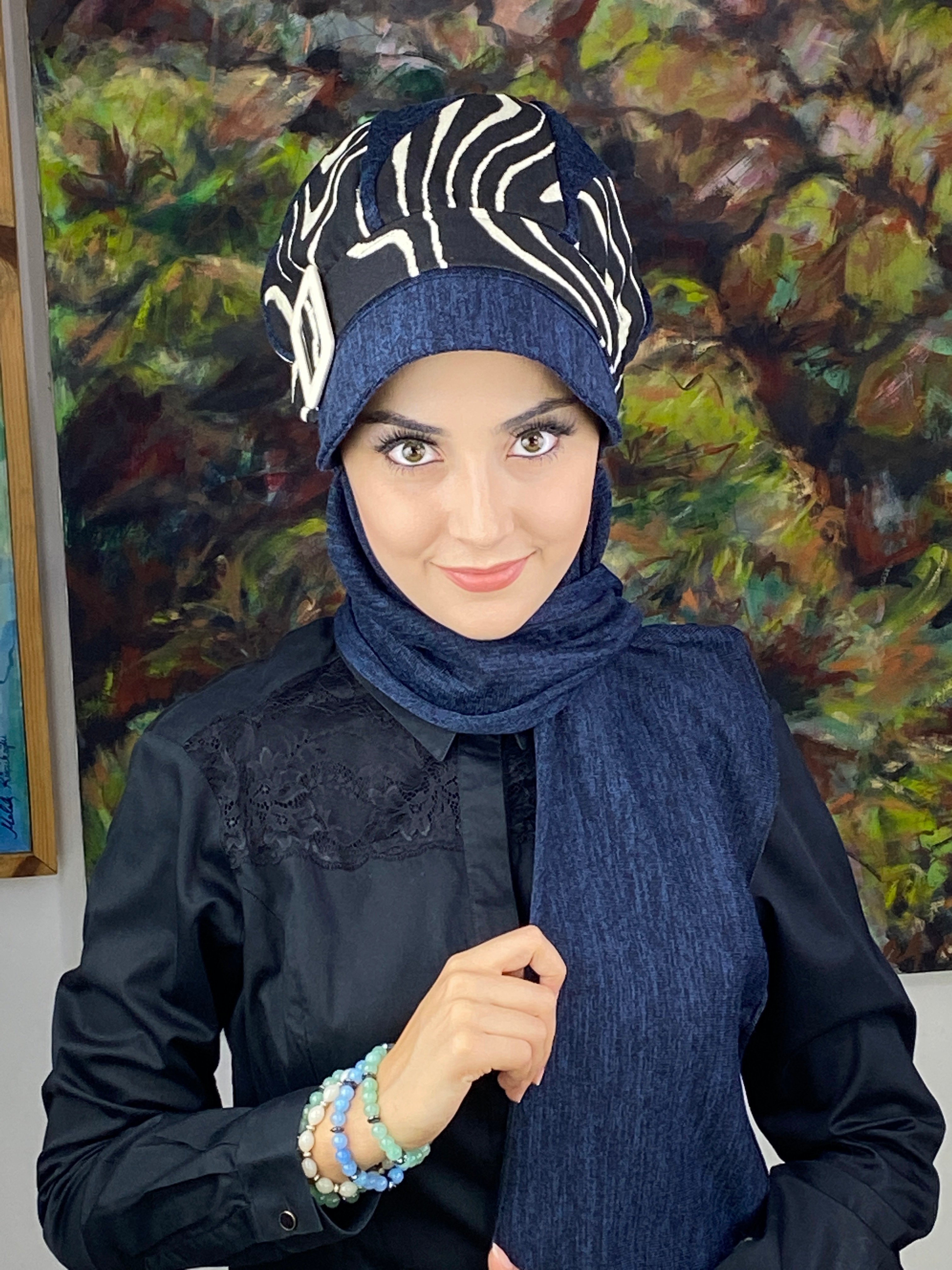 Damla Model İri Zebra Desenli Tesettür Şapka Şal - lacivert - siyah zebra