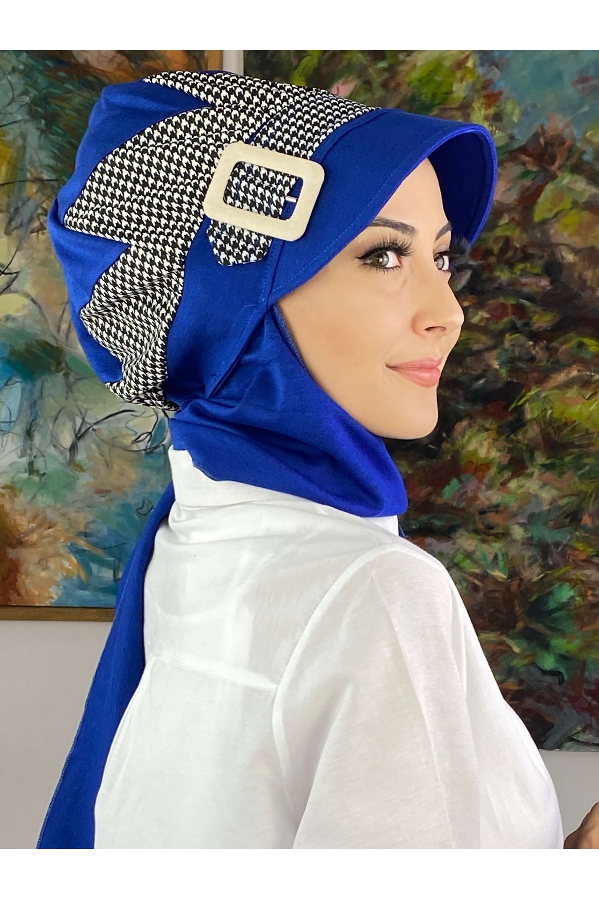 Kazayağı Saks Mavisi Tokalı Kemerli Şapka Şal