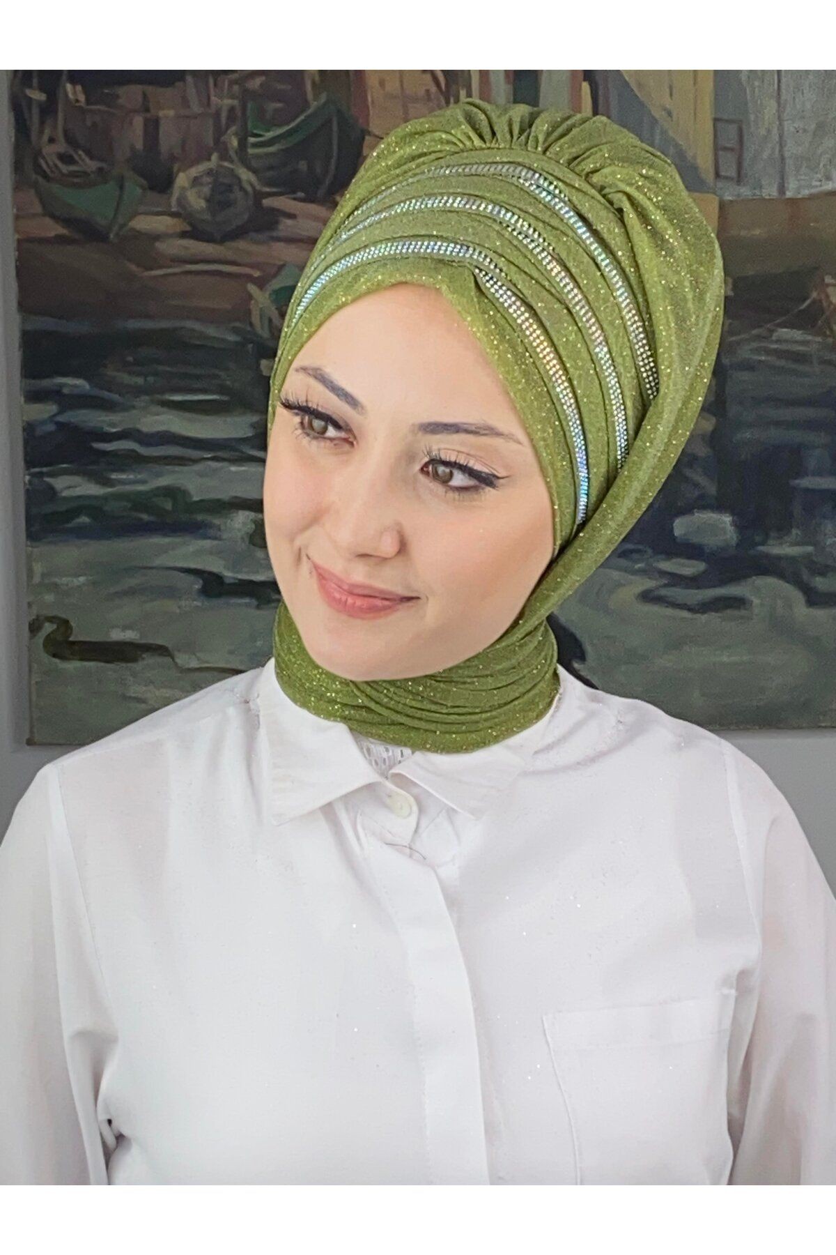 Lüks Topkapı Model Taşlı Simli Kısa Abiye Açık Yağ Yeşili Hazır Şal