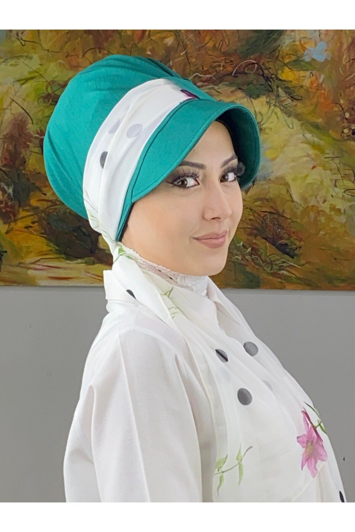 Floral Desenli Tek Biritli Fularlı Şapka