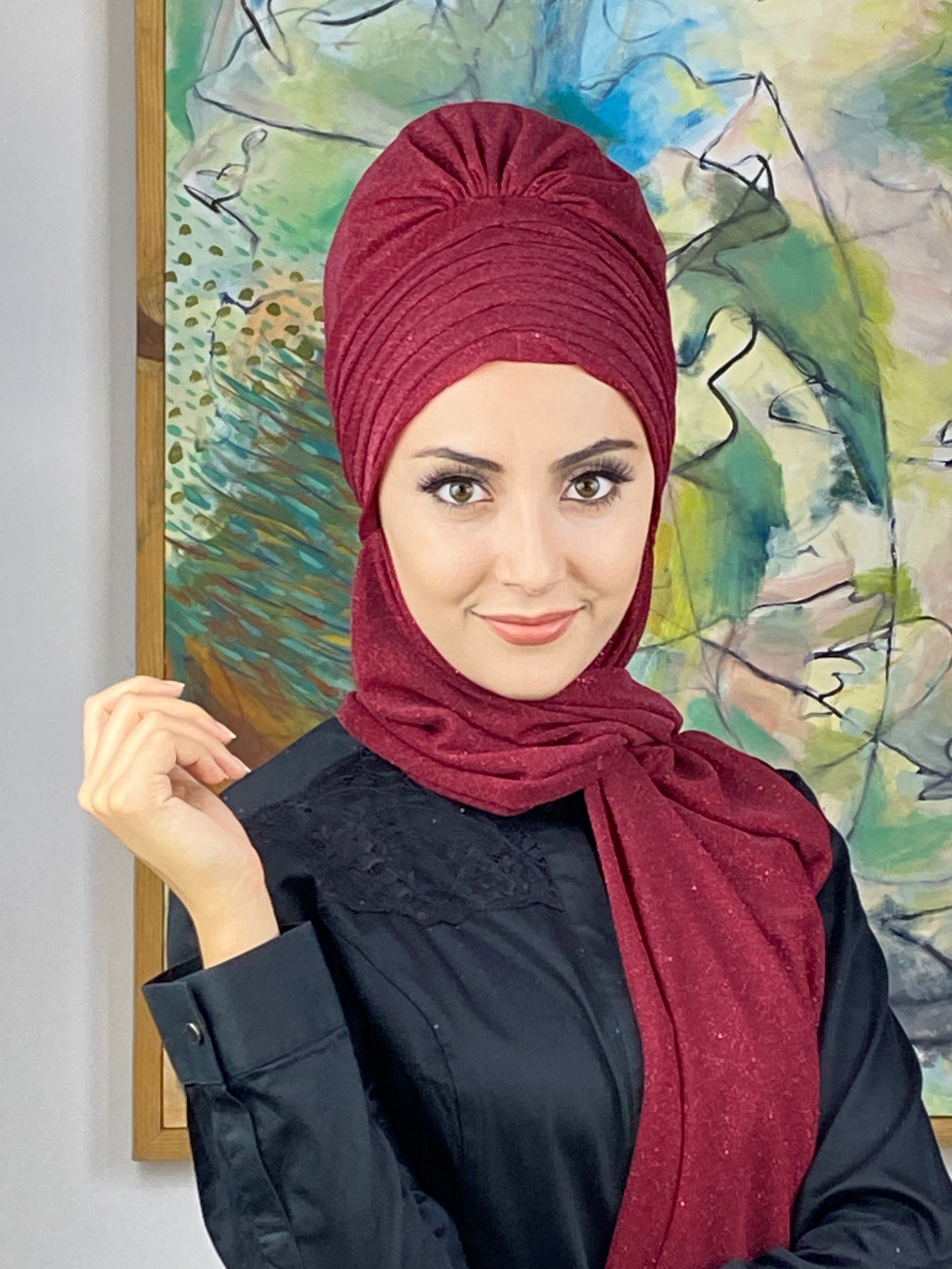 Simli Bordo Atkılı Abiye Tesettür Bone