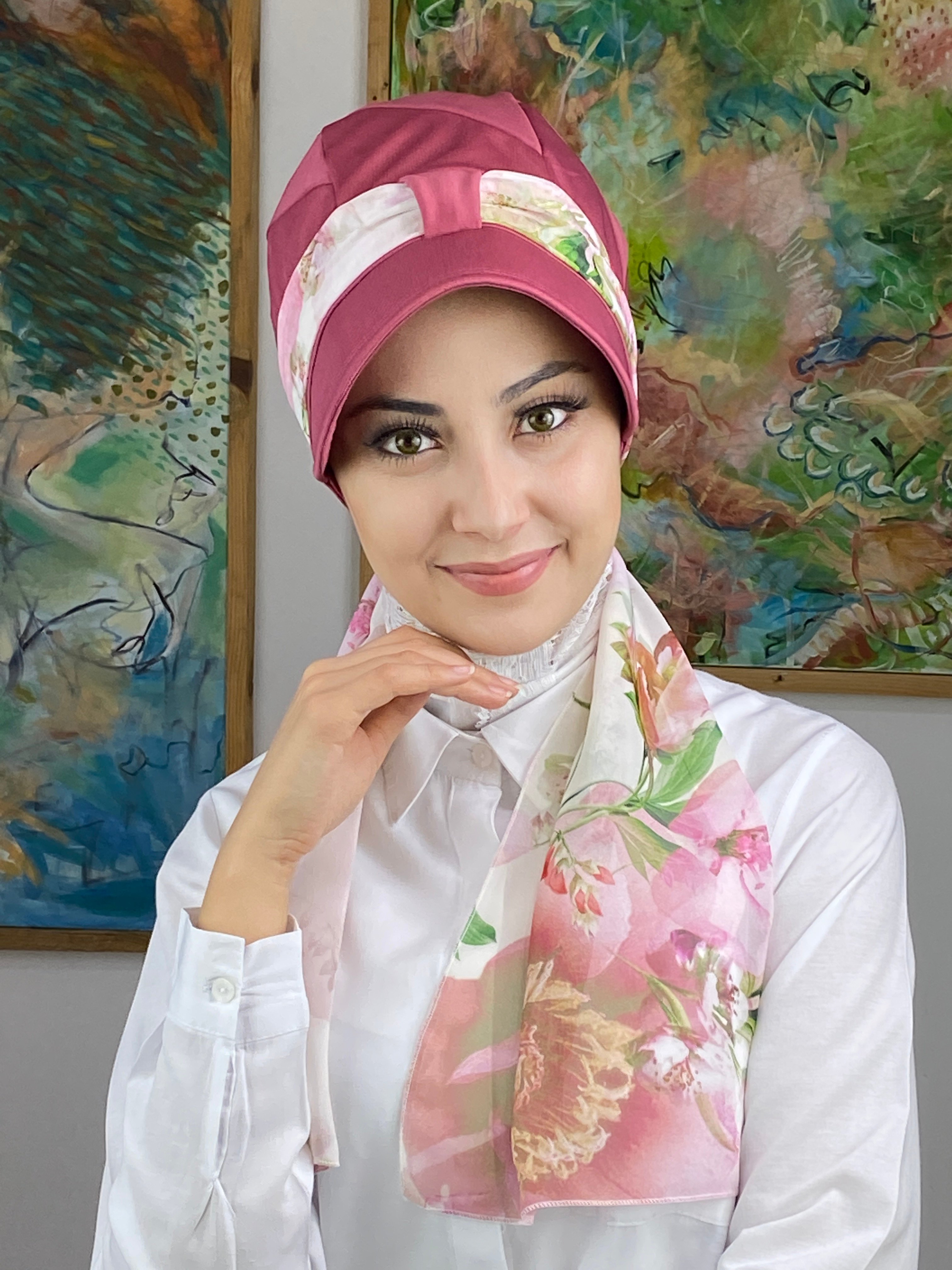 Tek Biritli Atkılı Şapka - açık vişne - pembe çiçekli
