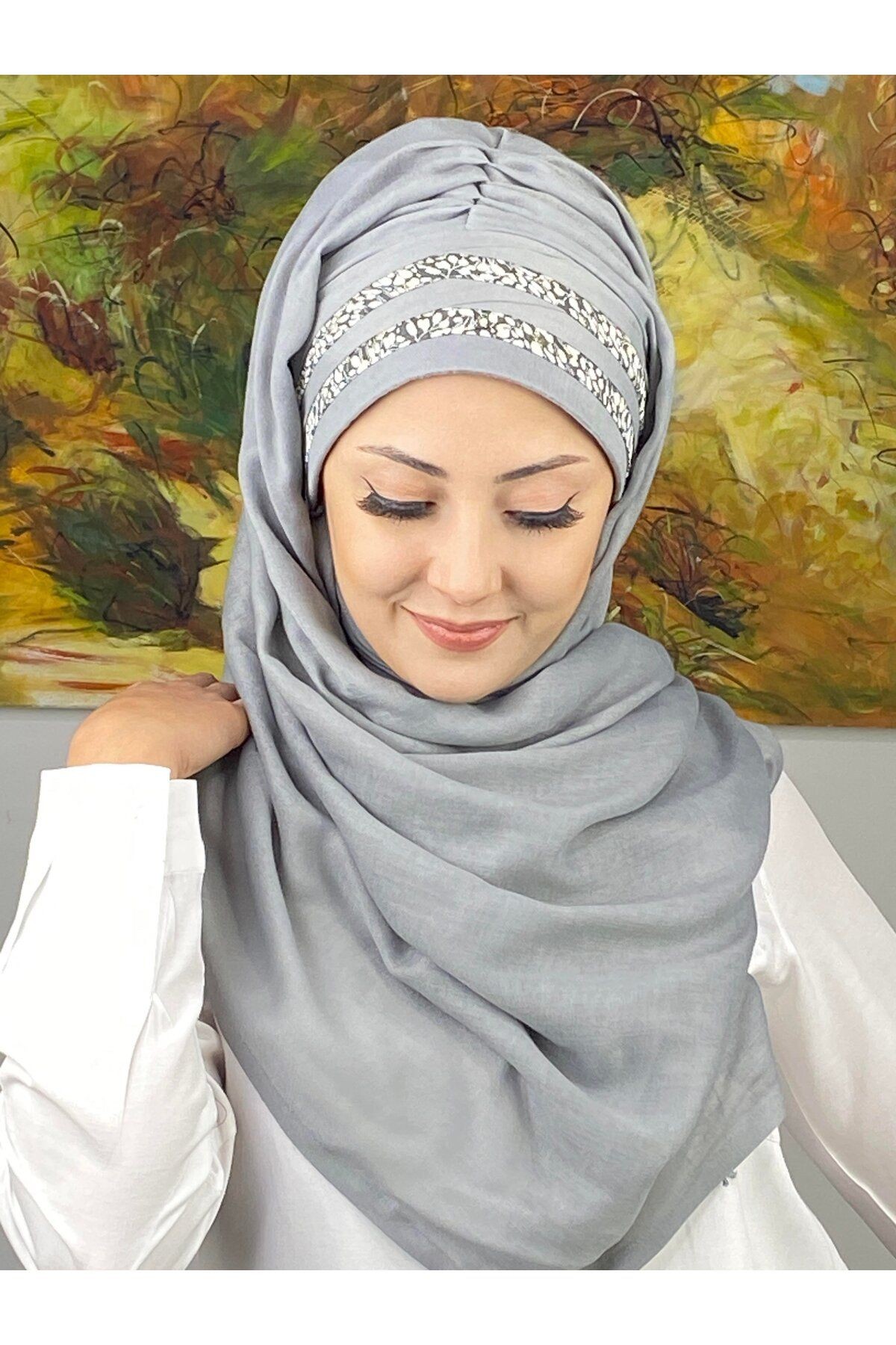 Topkapı Model Minik Çiçekli Desenli Şeritli Açık Gri Hazır Şal