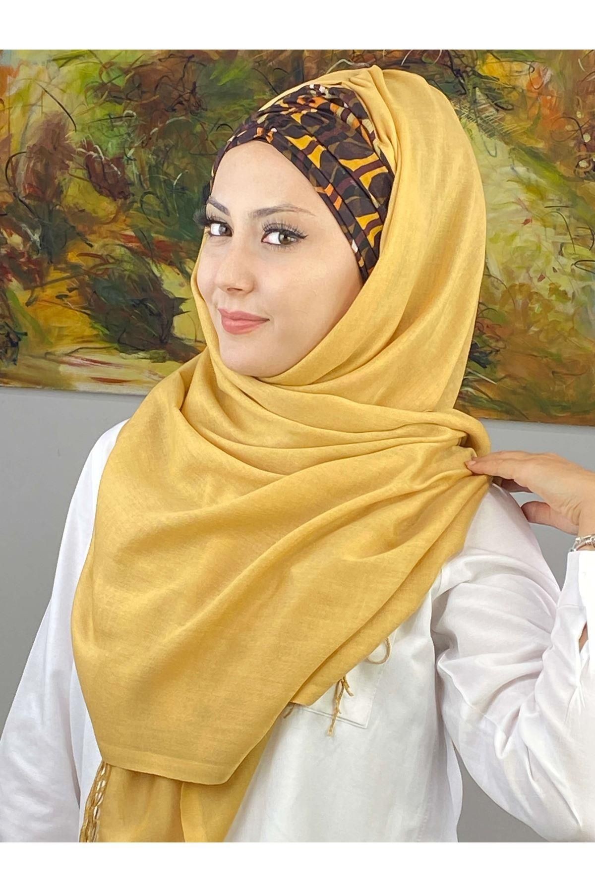 Geometrik Desenli Açık Hardal Büzgülü Hazır Şal