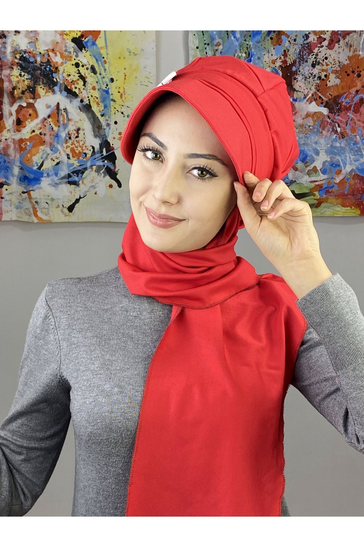 Yuvarlak Tokalı Çarkıfelek Model Kırmızı Atkılı Şapka Şal