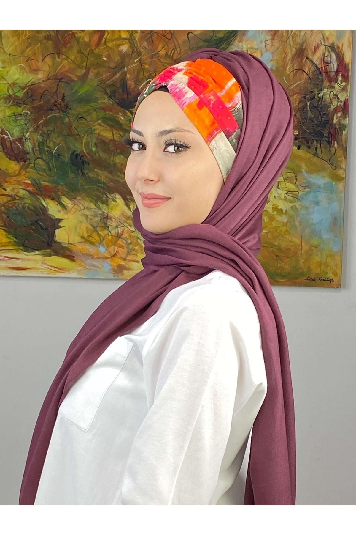 Zebra Desenli Açık Mürdüm Büzgülü Hazır Şal