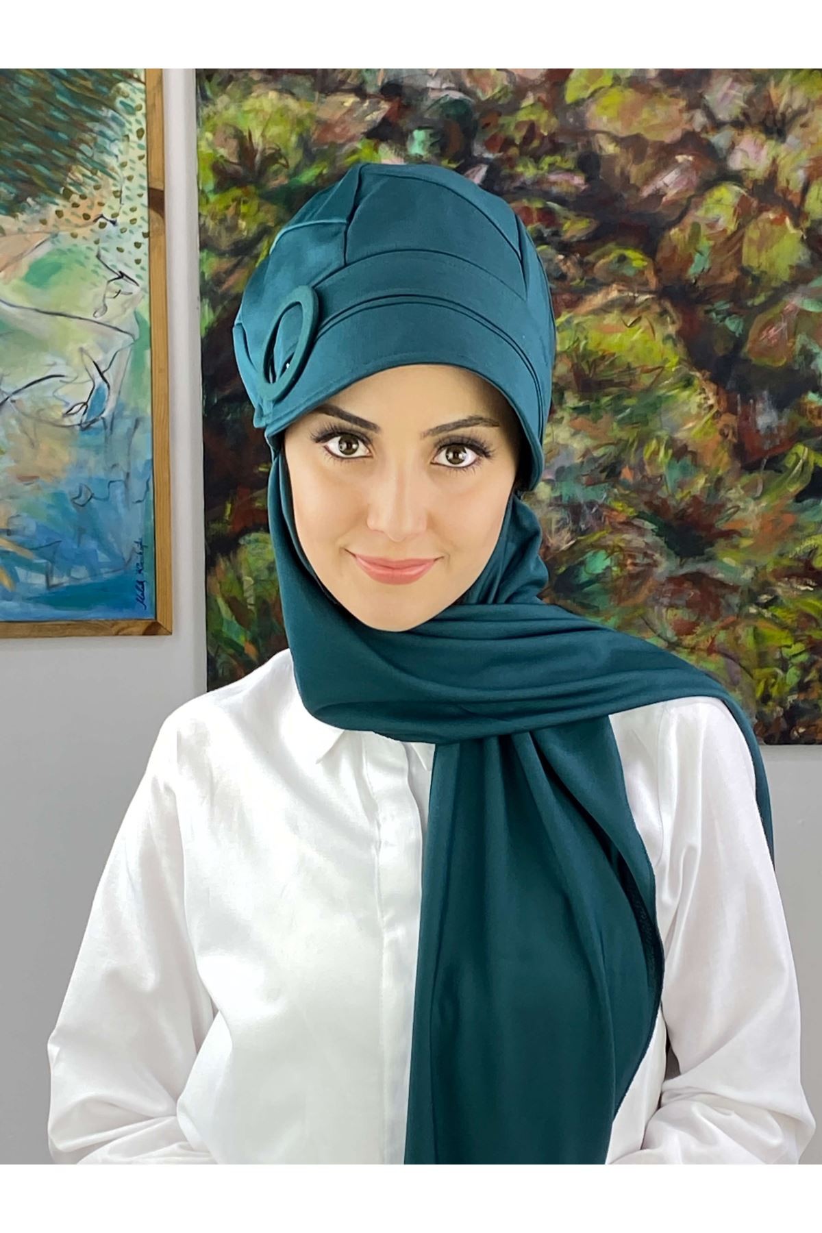 Petrol Yeşili Tokalı Şapka Şal