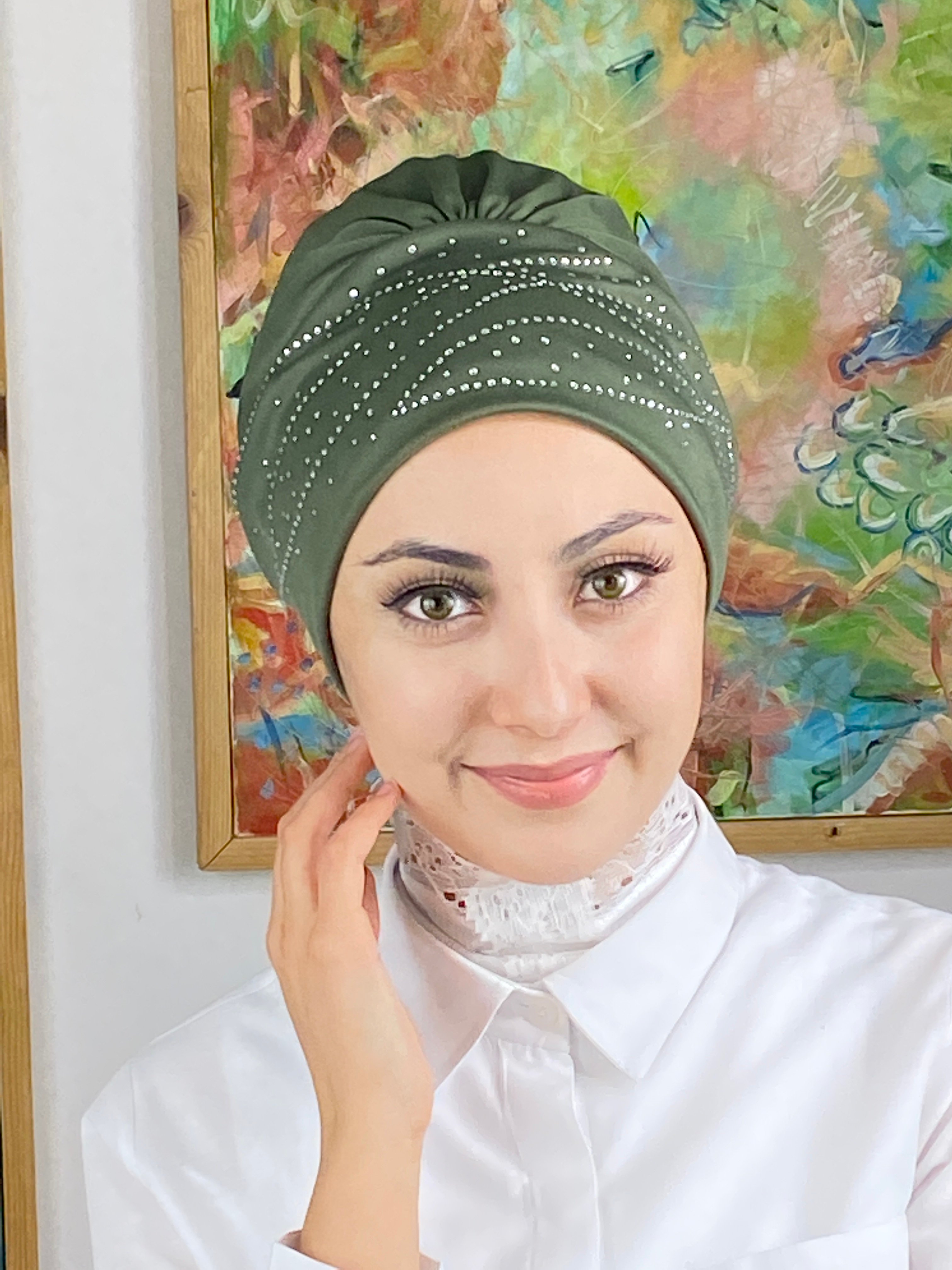 Firuze Model Taşlı Bone - kına yeşili