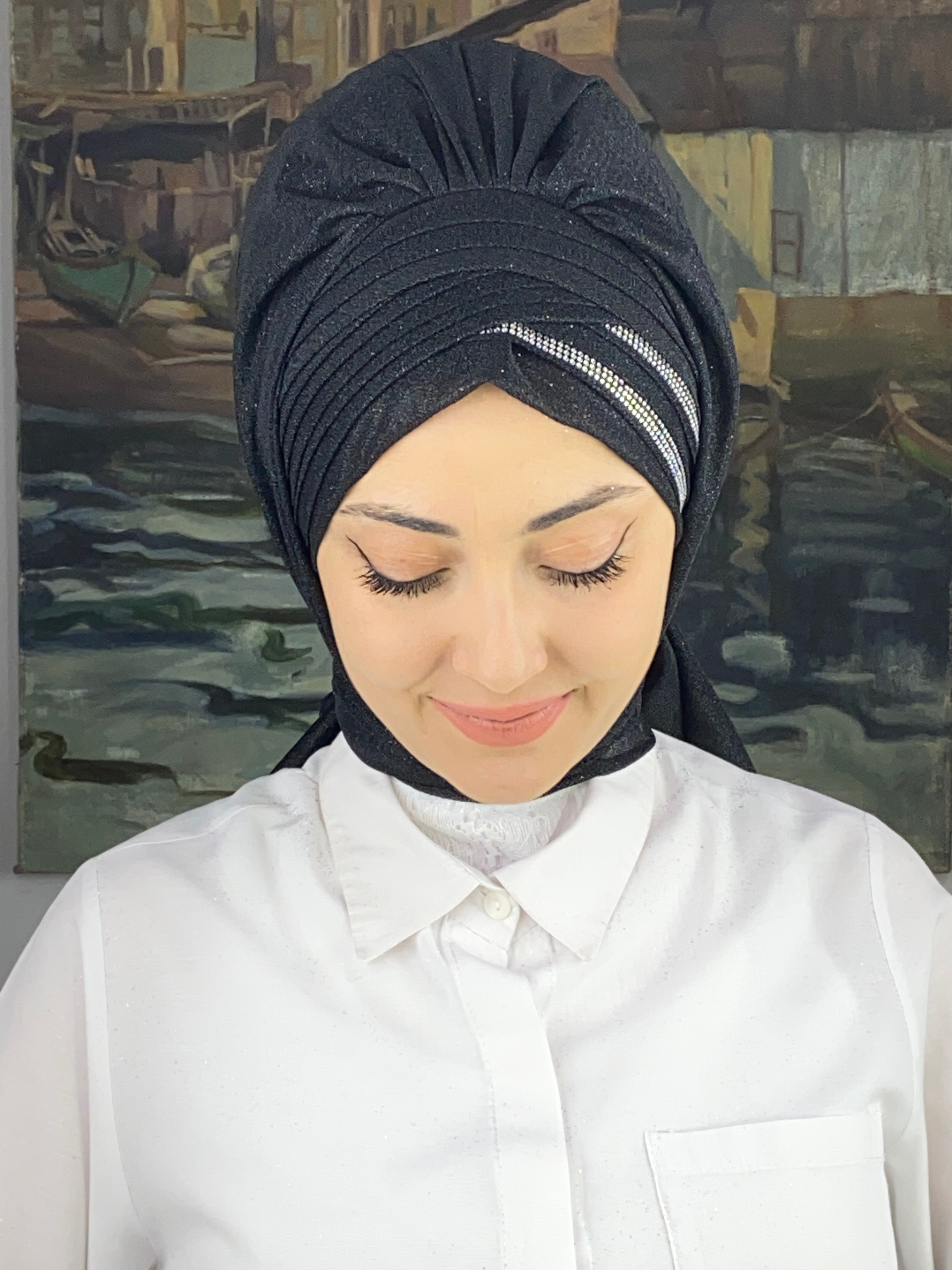 Çırağan Çok Drapeli GümüşTaşlı Simli Şifon Hazır Şal