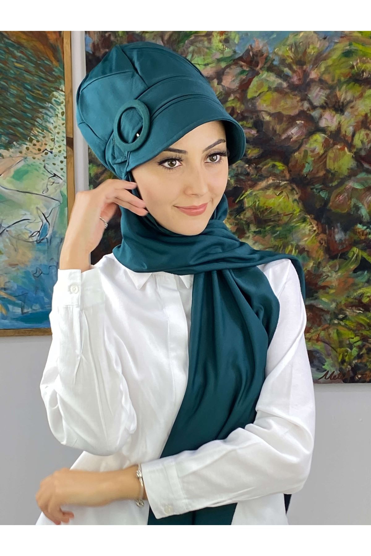 Petrol Yeşili Tokalı Şapka Şal