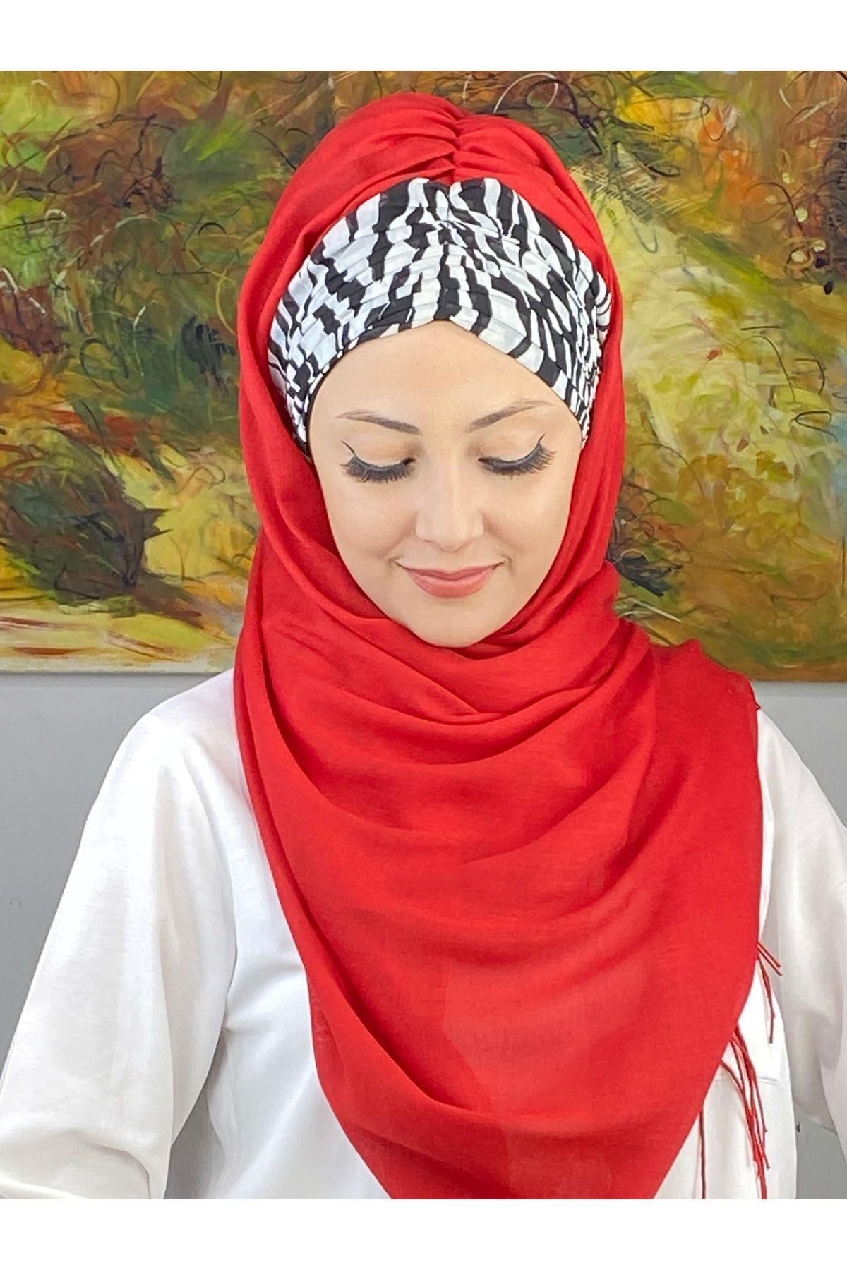 Zebra Desenli Kırmızı Büzgülü Hazır Şal