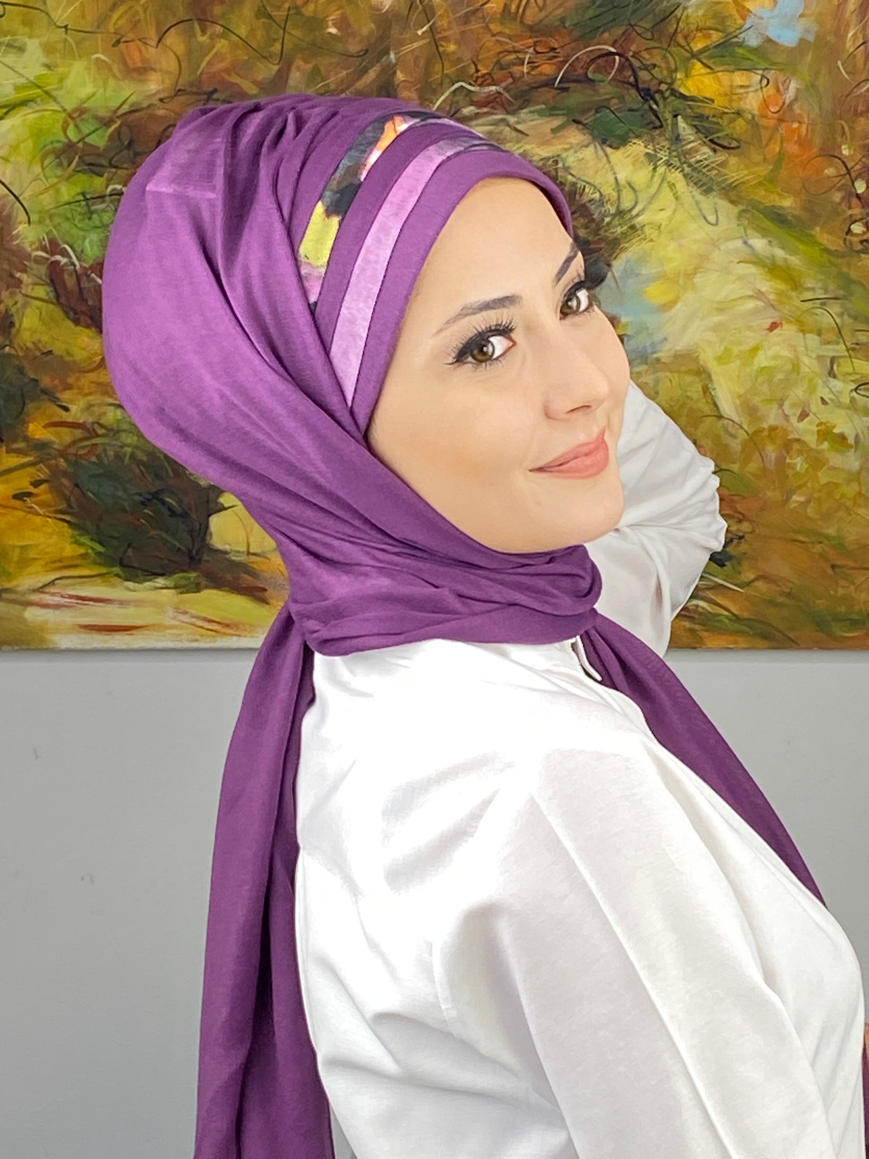 Topkapı Model Çok Renkli Desenli Mor Hazır Şal