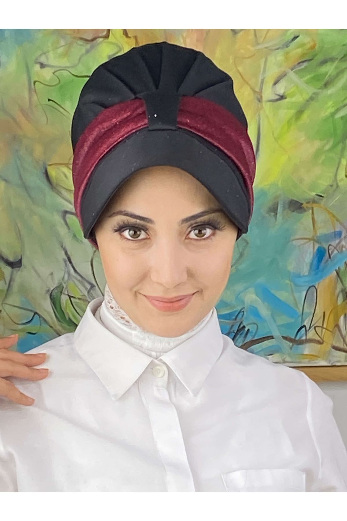 Cırtcırtlı Bordo Simli Şifon Fularlı Şapka