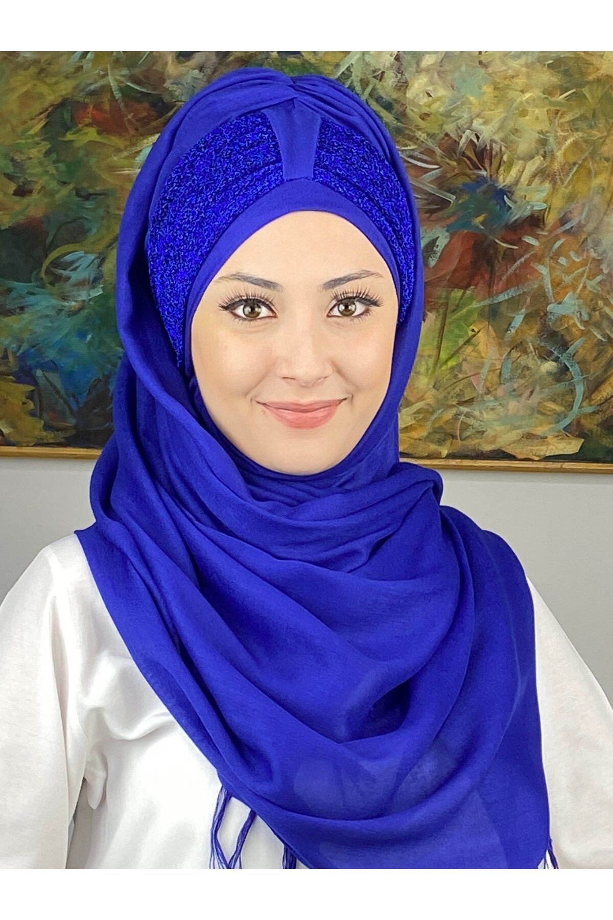 Tek Birirtli Büzgülü Hazır Türban Saks Mavisi Şal