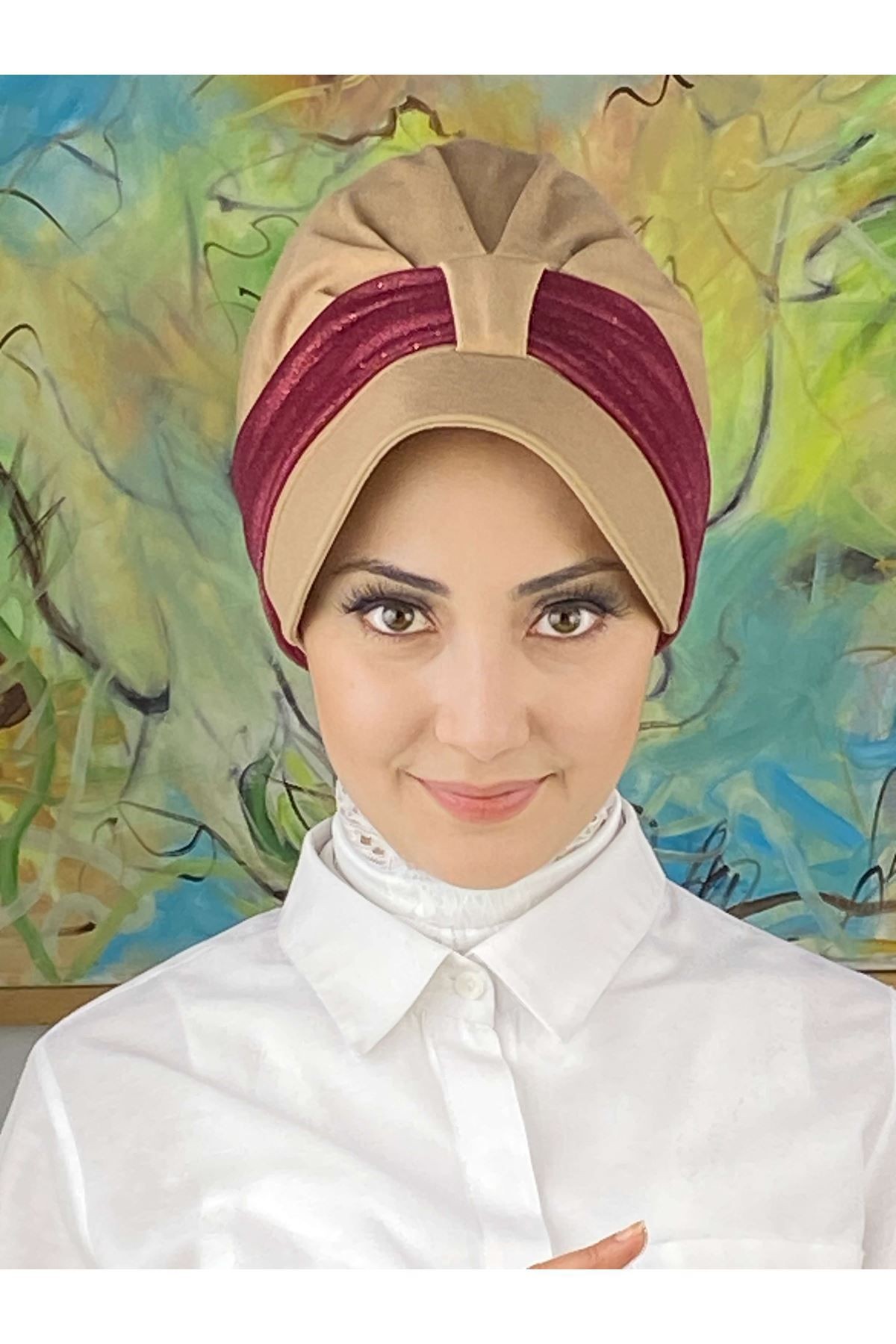 Cırtcırtlı Bordo Simli Şifon Fularlı Şapka