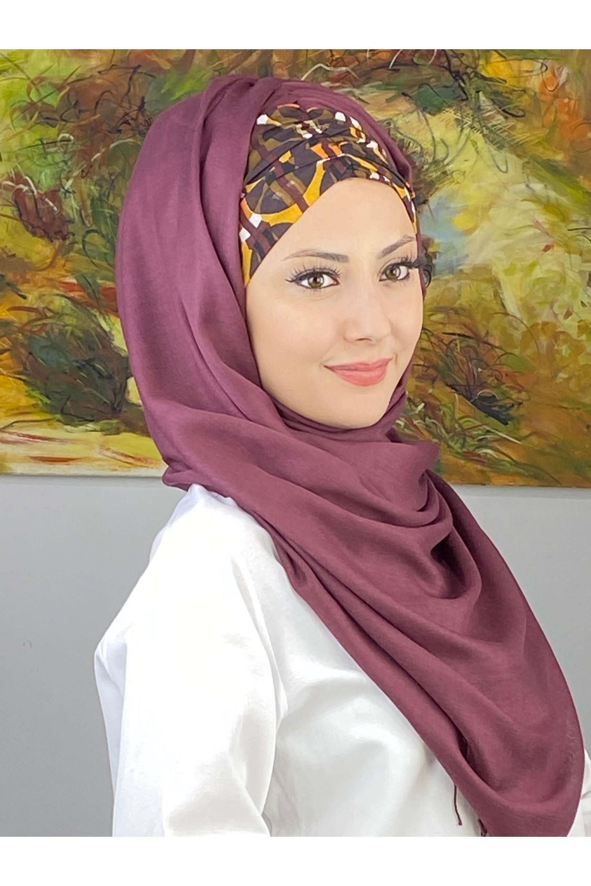 Geometrik Desenli Açık Mürdüm Büzgülü Hazır Şal