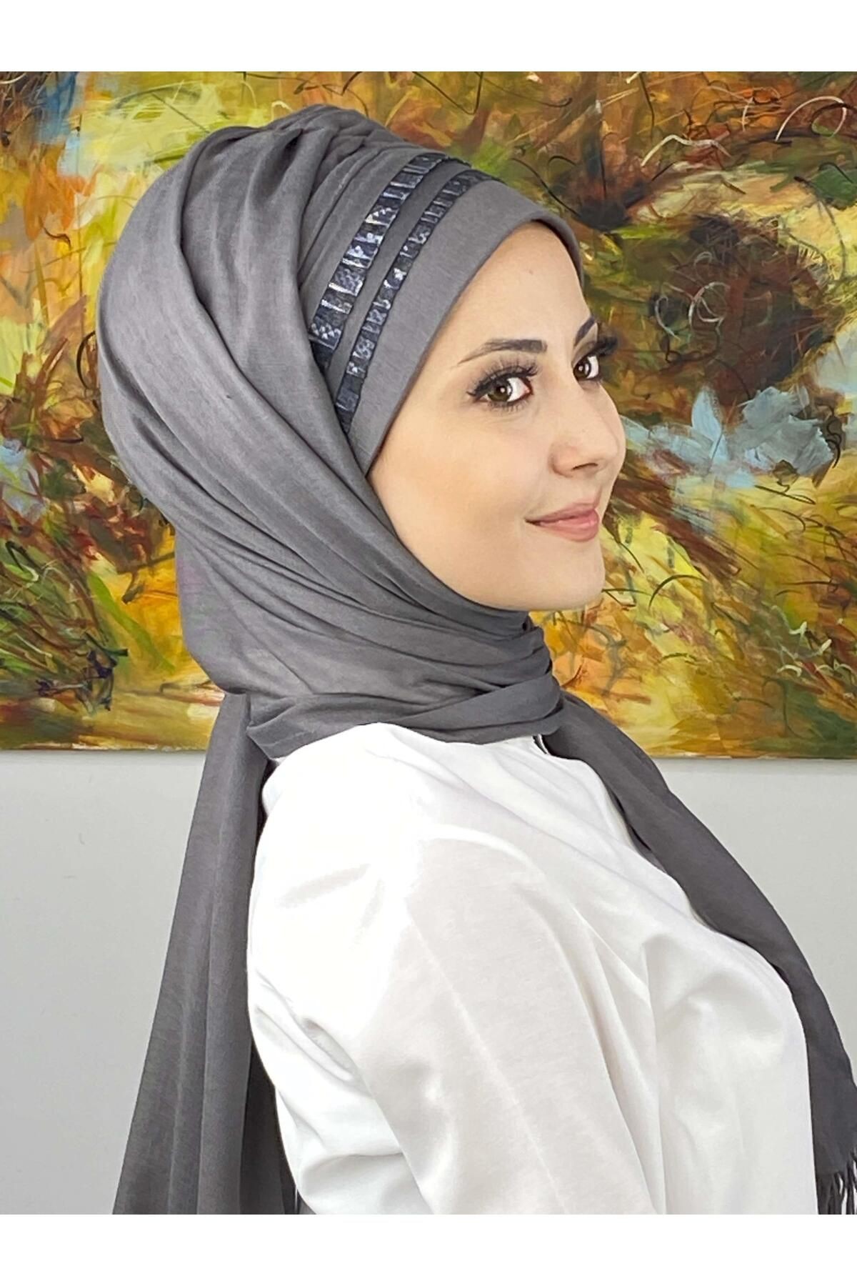 Saray Model Yan Drapeli Füme Şifon Şeritli Hazır Şal
