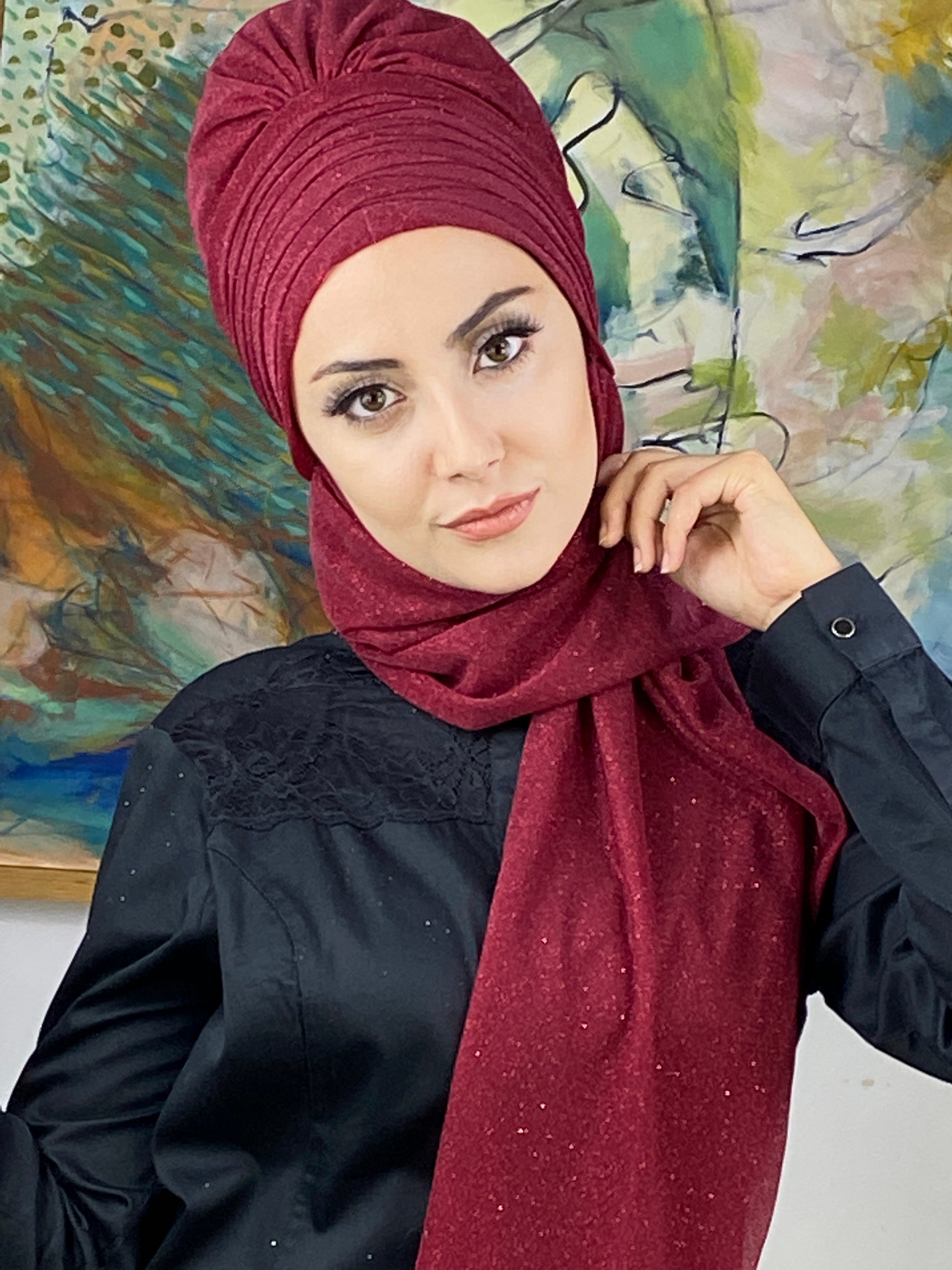Simli Bordo Atkılı Abiye Tesettür Bone