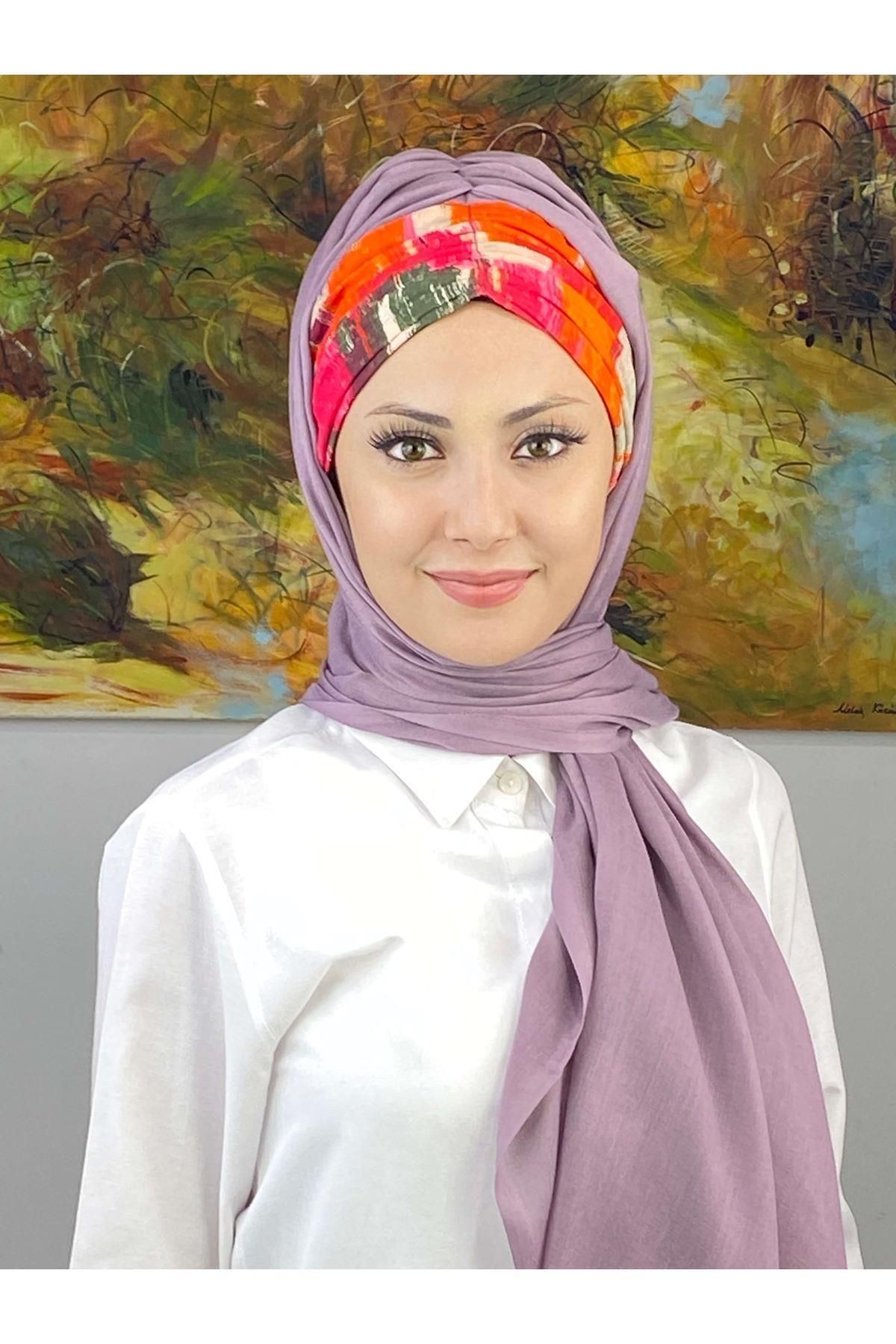 Çok Renkli Retro Desenli Açık Leylak Büzgülü Hazır Şal