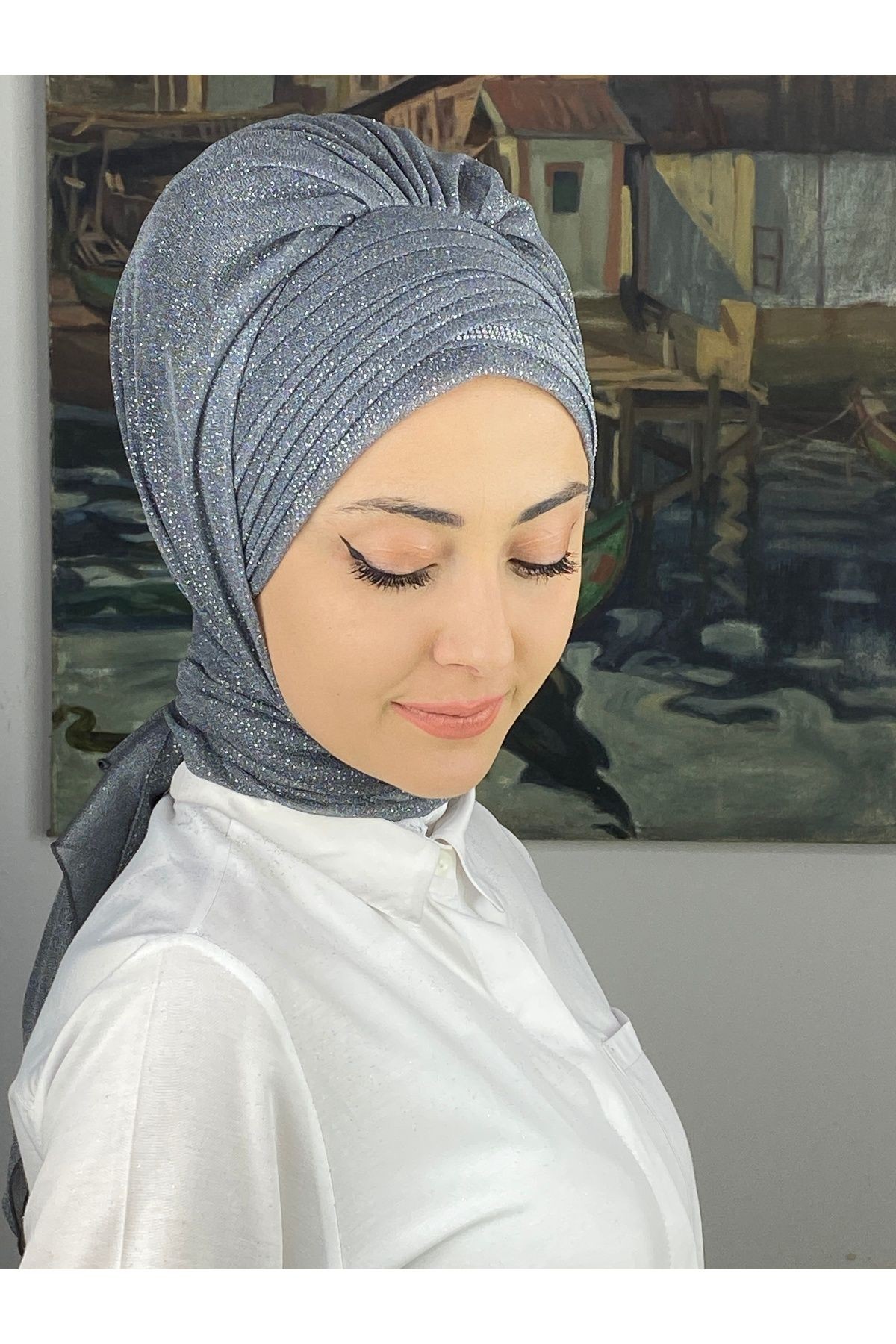 Gümüş Taşlı Drape Detaylı Simli Şal