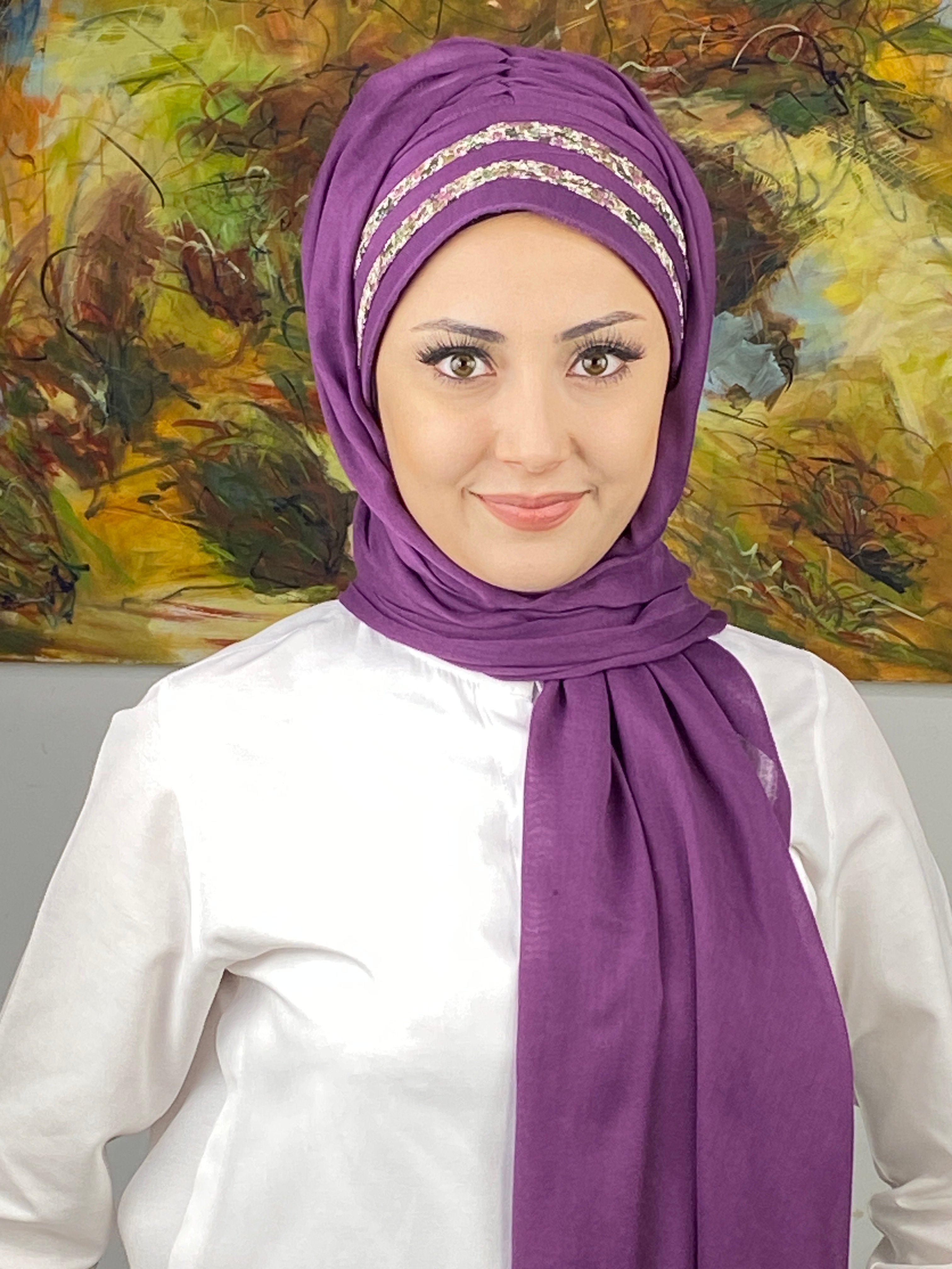 Topkapı Model Çiçekli Şeritli Mor Hazır Şal