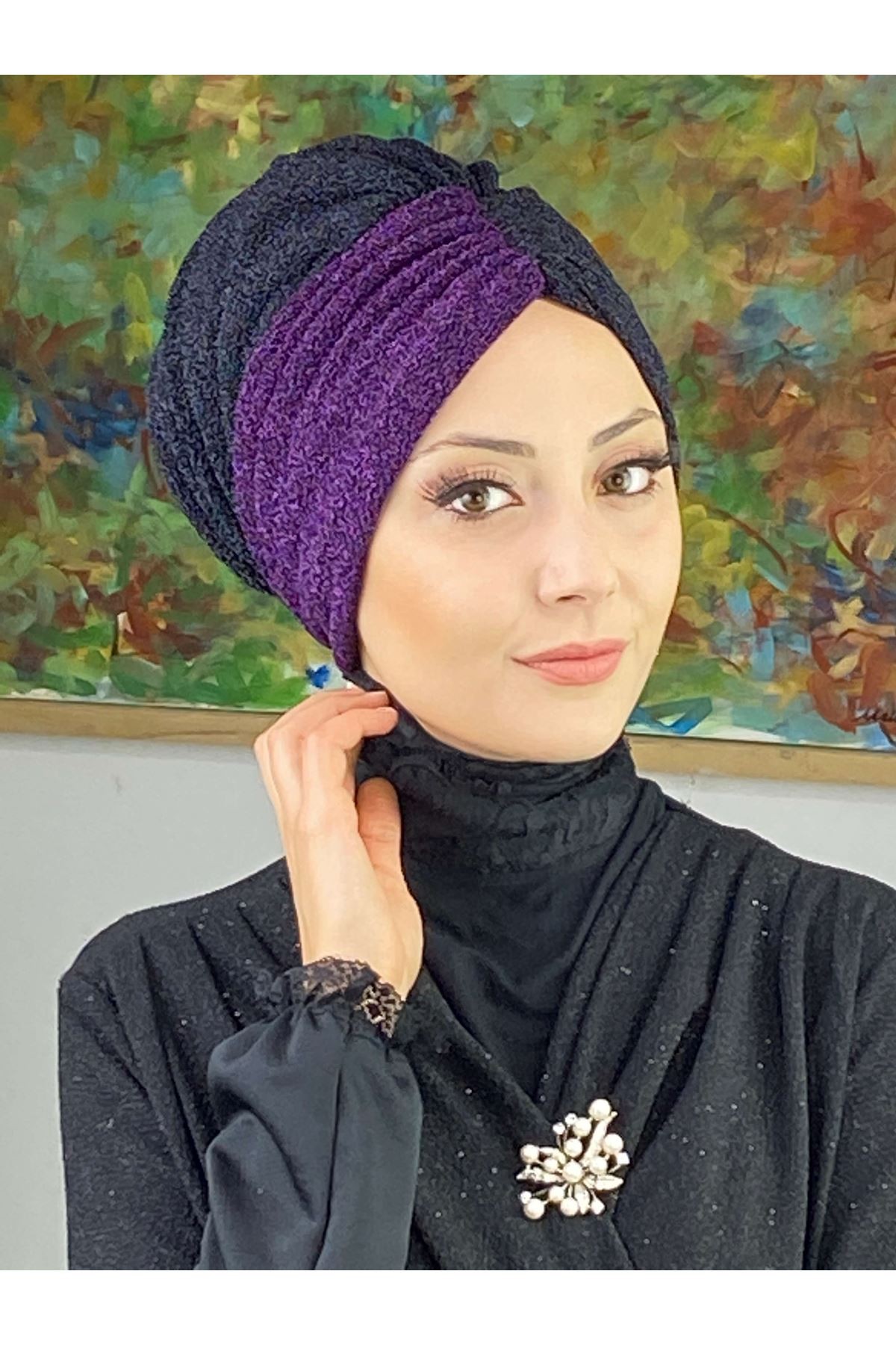 Sultan Model Siyah Mor Çift Renkli Büzgülü Dış Bone