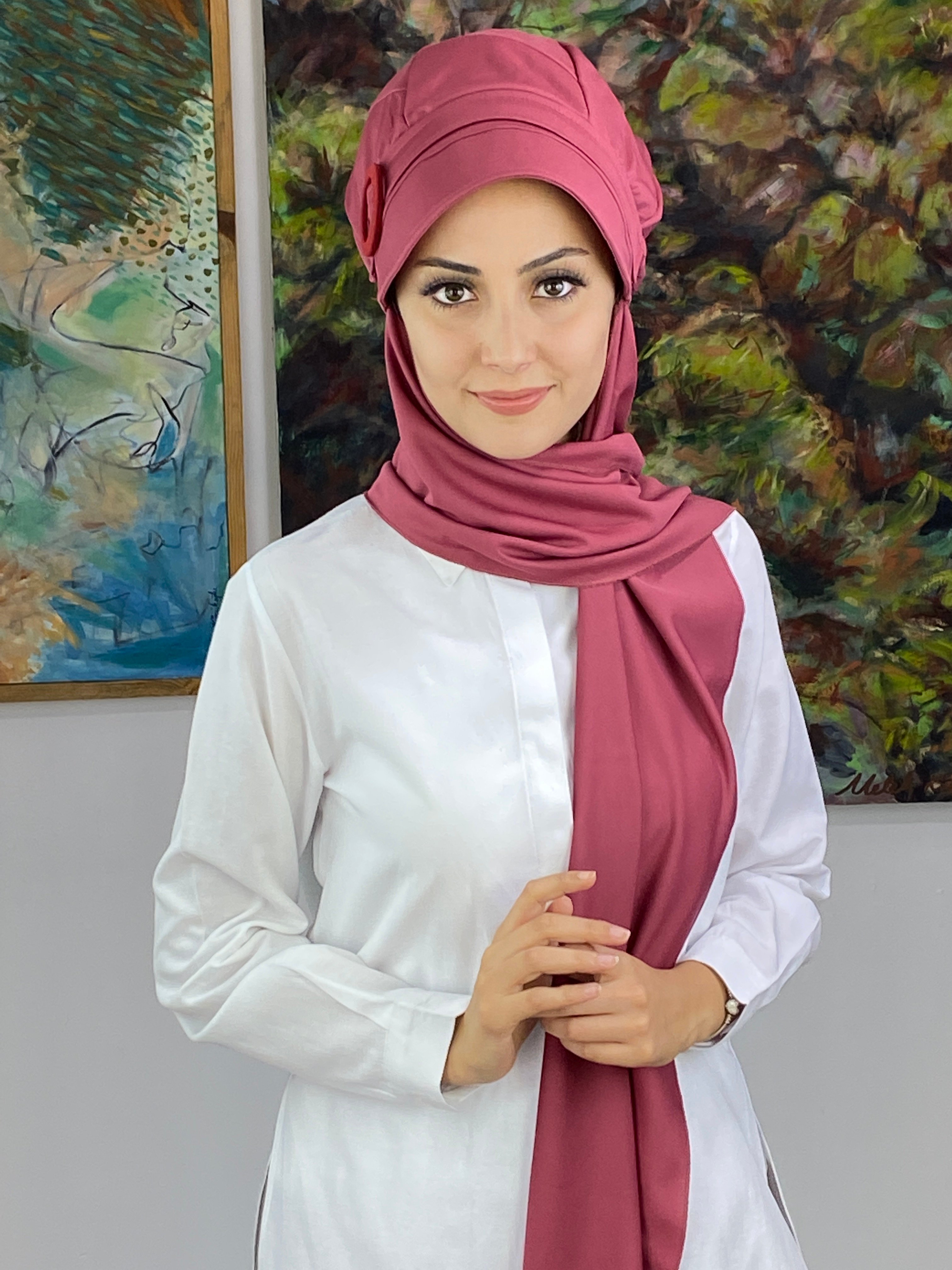Atkılı Tokalı Şapkal Şal - açık vişne