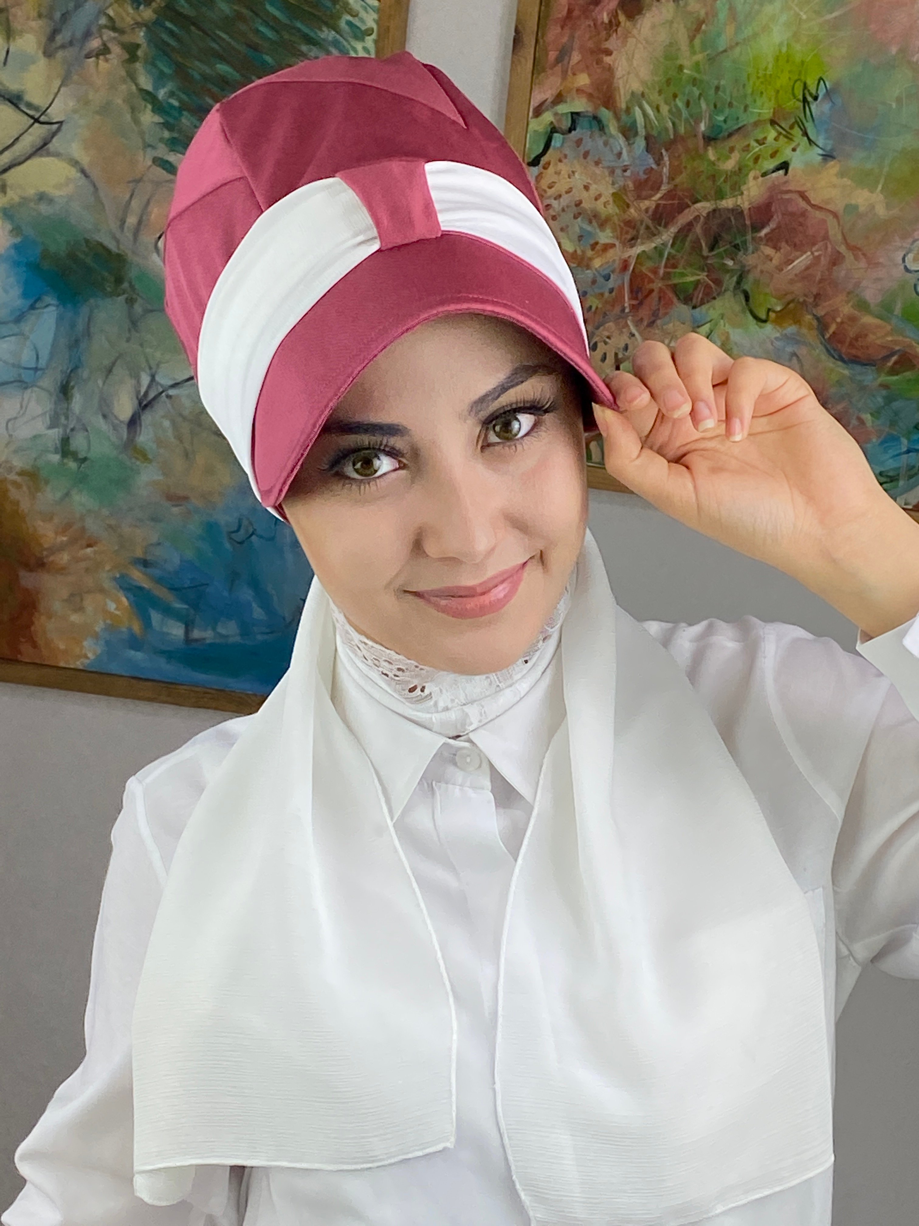 Tek Biritli Atkılı Şapka - açık vişne - beyaz şifon