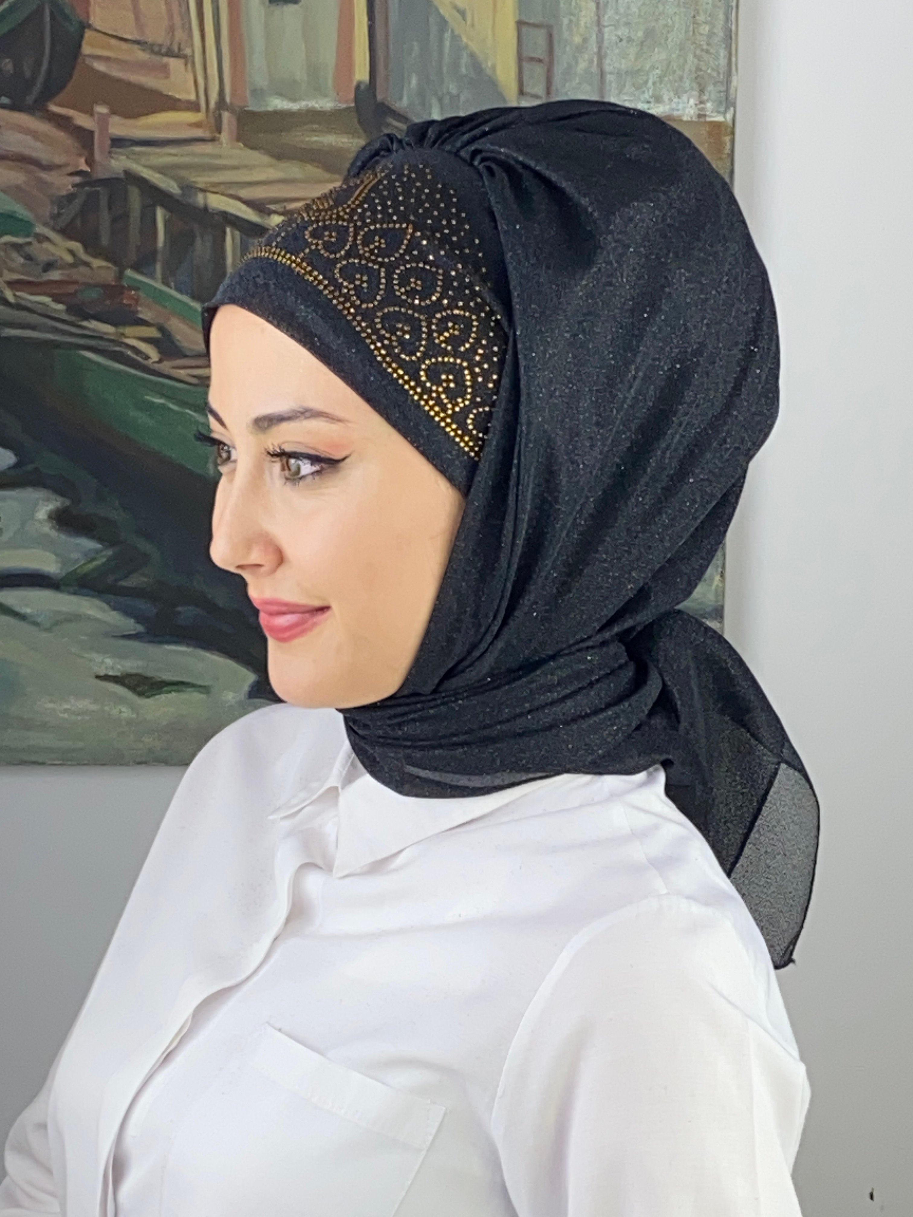Prenses Model Gold Taşlı Simli Şifon Hazır Şal