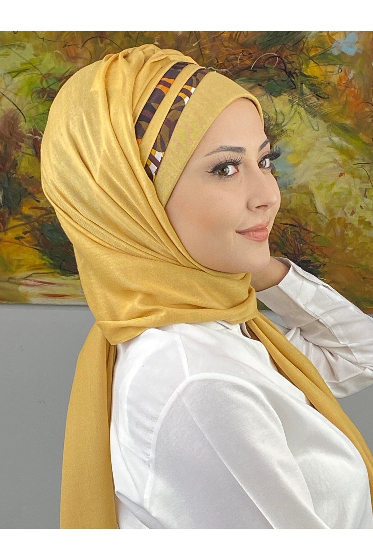 Saray Model Retro Desenli Açık Hardal Hazır Şal