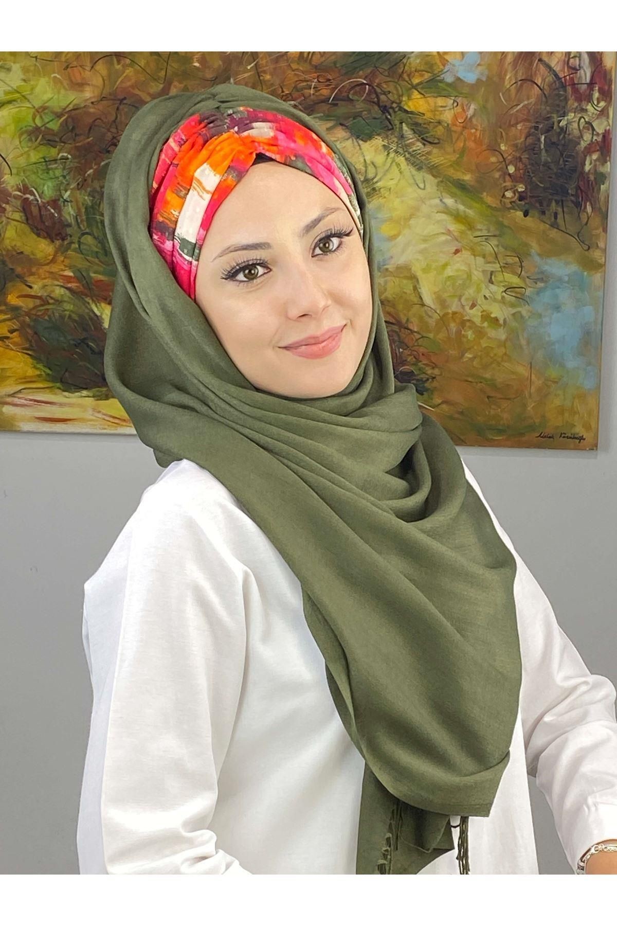 Çok Renkli Retro Desenli Haki Büzgülü Hazır Şal