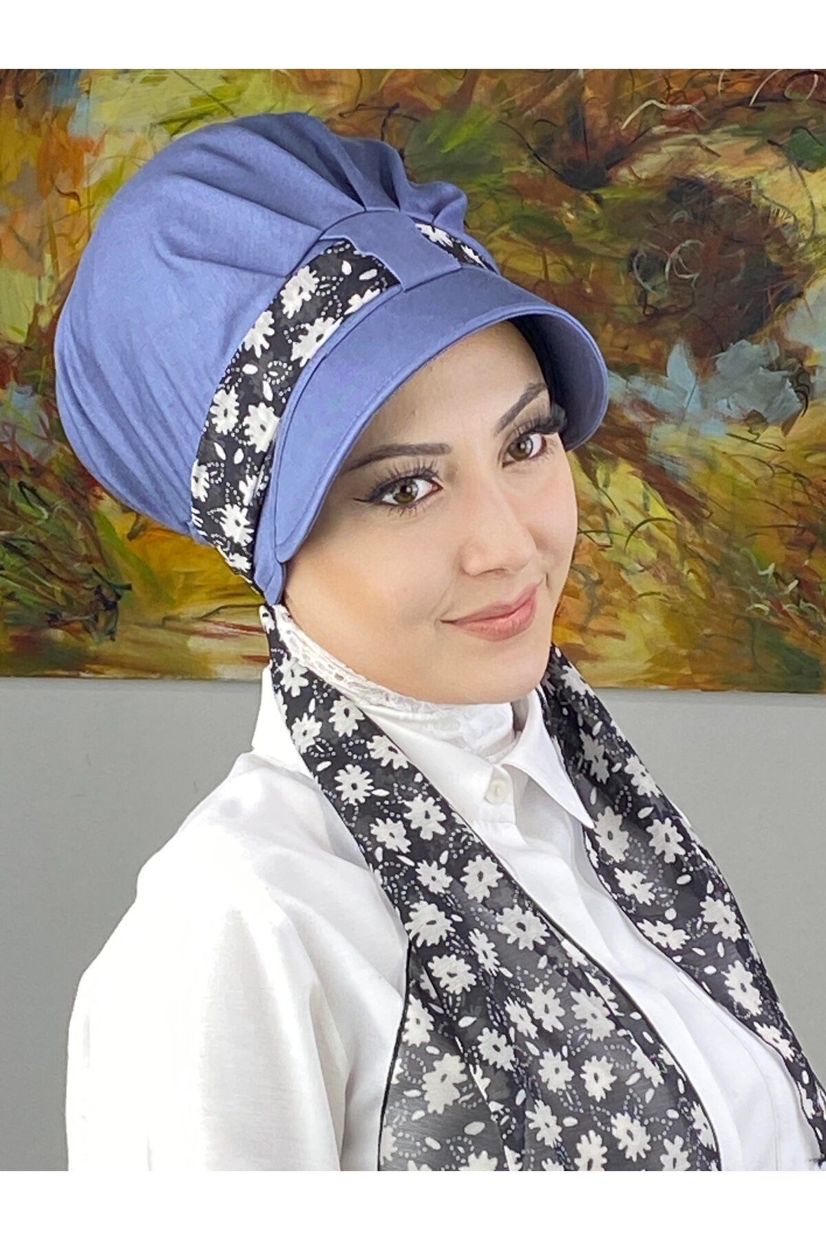 Floral Desenli Tek Biritli Fularlı Şapka